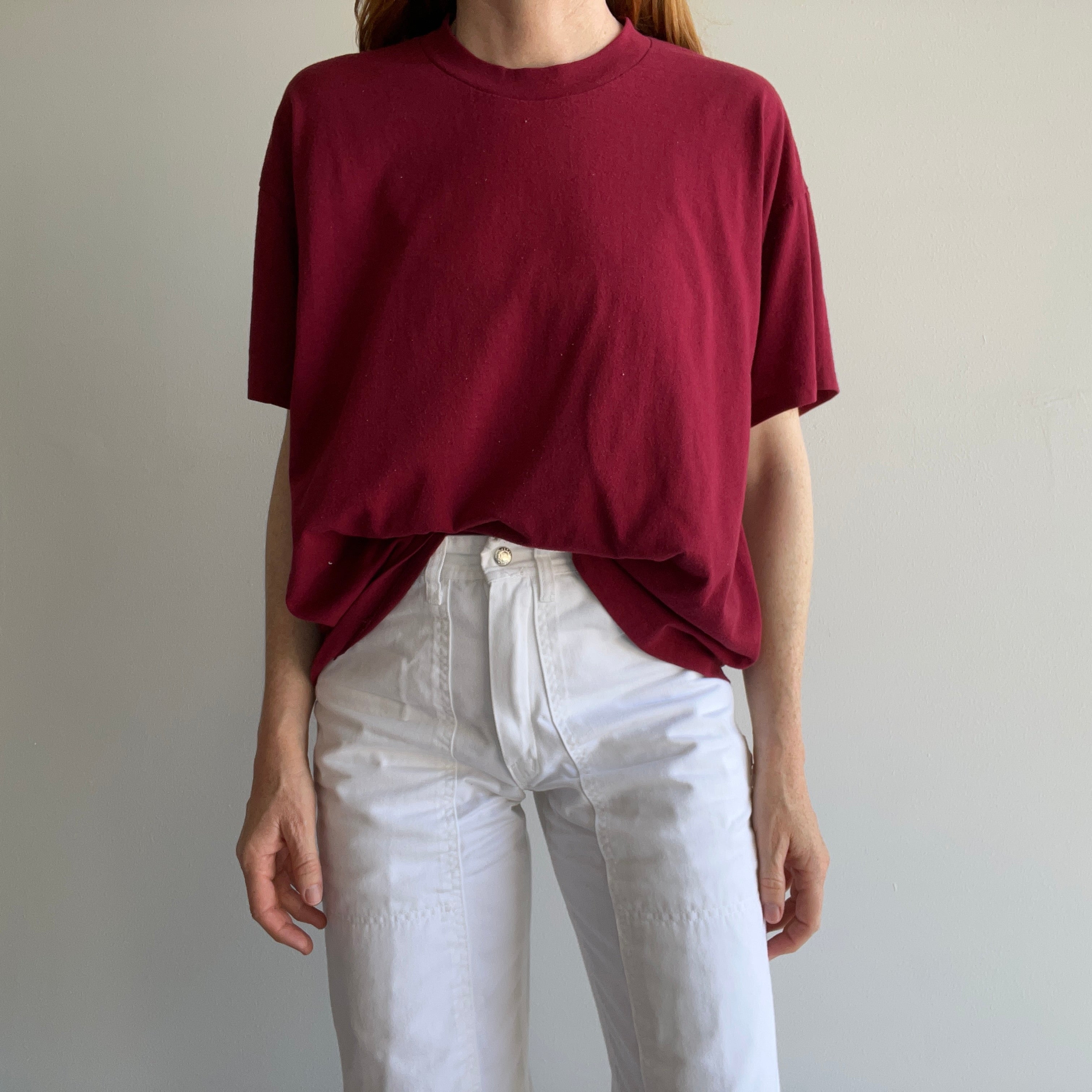 1990s Soft and Wonderfully Slouchy Merlot/Burgundy Blank Single Stitch T-Shirt