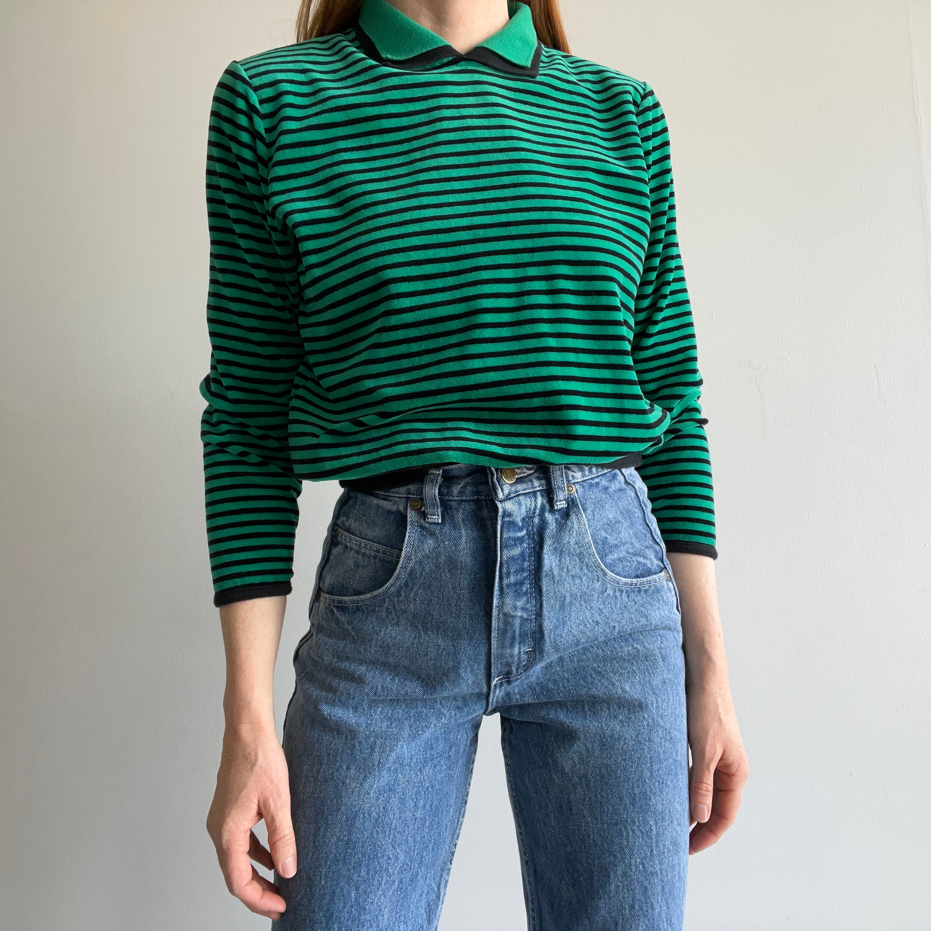 1980s Delightful Velour Striped Sweatshirt/Blouse/Top with a Built in Collar - OMG!