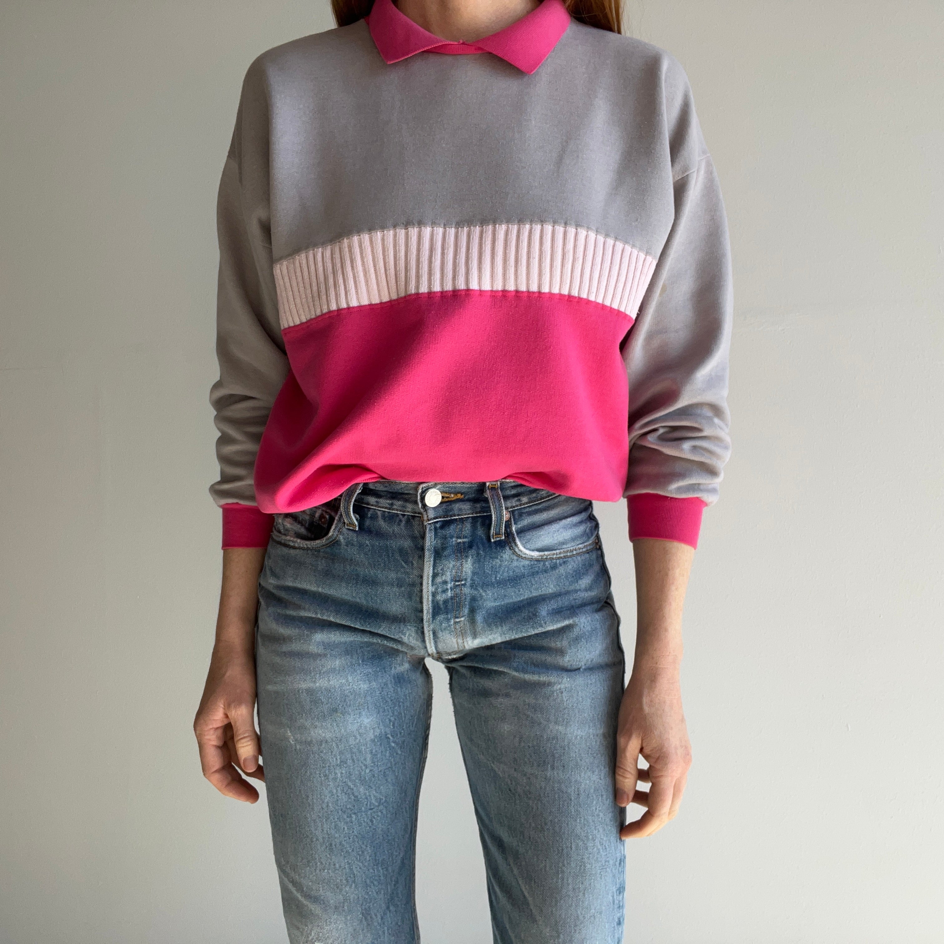 1980s Pink and Gray Color Block Polo Sweatshirt