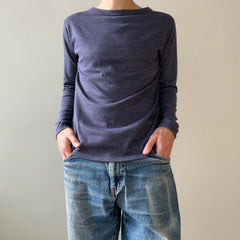 1980s Blank Heather Navy Blue Long Sleeve T Shirt - !!!!!