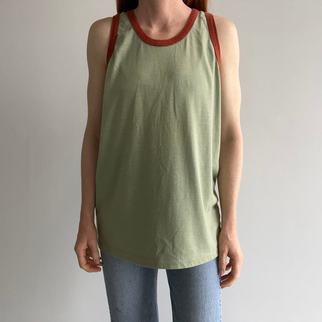 1970s Faded Jade with Rust Trim Tank Top !!!