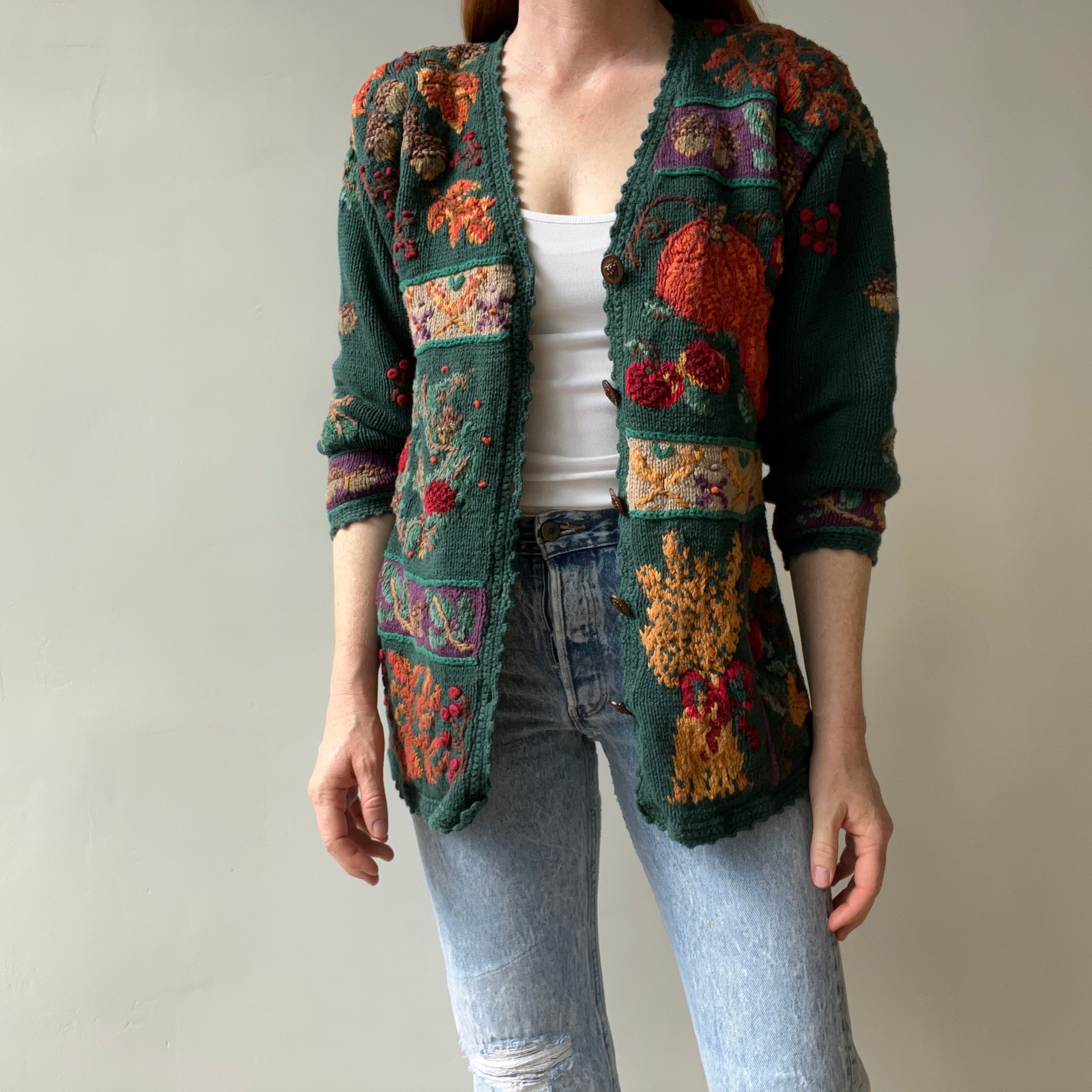 1980s Hand Knit Fall Cardigan Sweater with Amazing Buttons