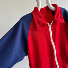 1970s Color Block Zip Up Collared Sweatshirt - WOAH