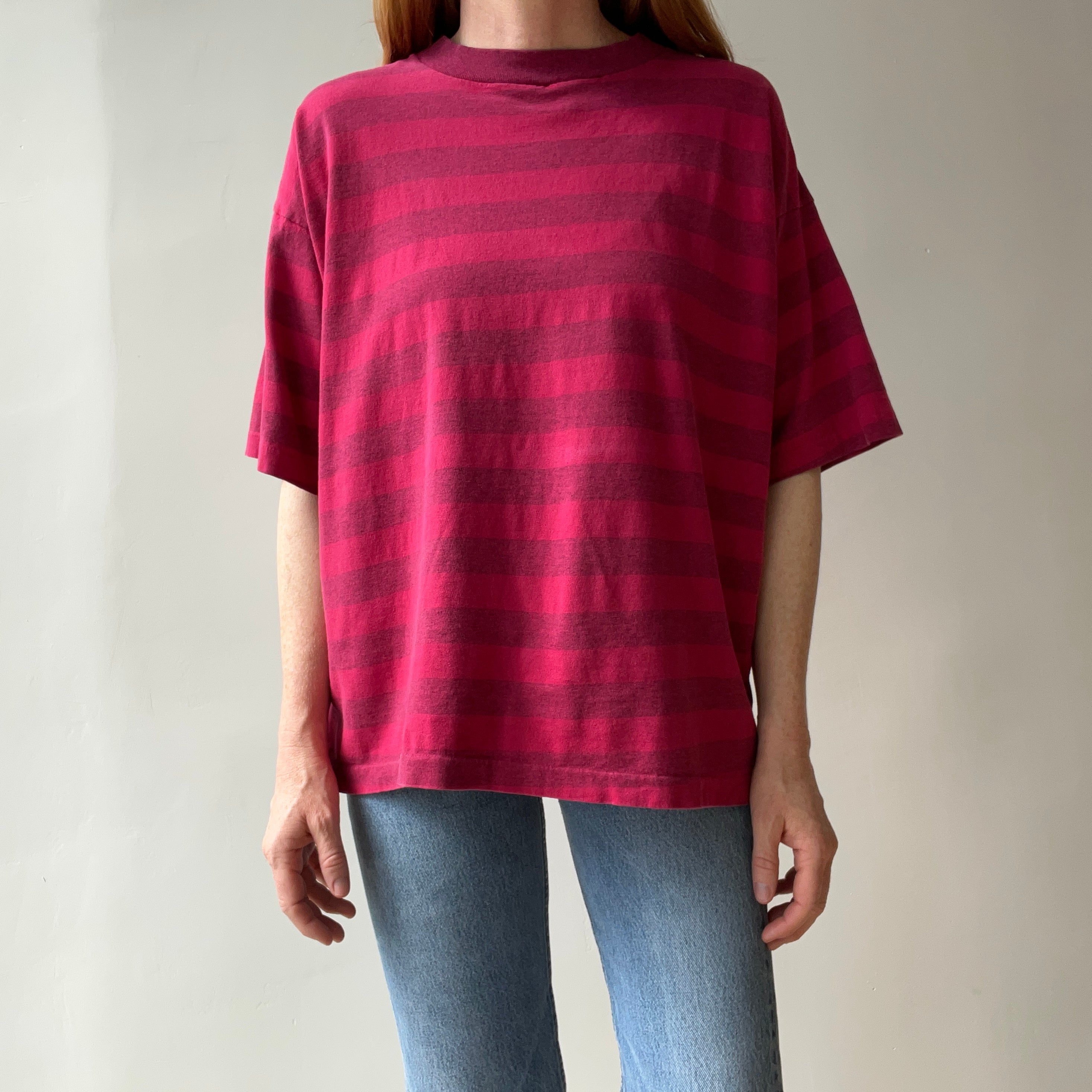 1980s Lovely Striped Cranberry Red/Pink Cotton T-Shirt - The Cut on This!