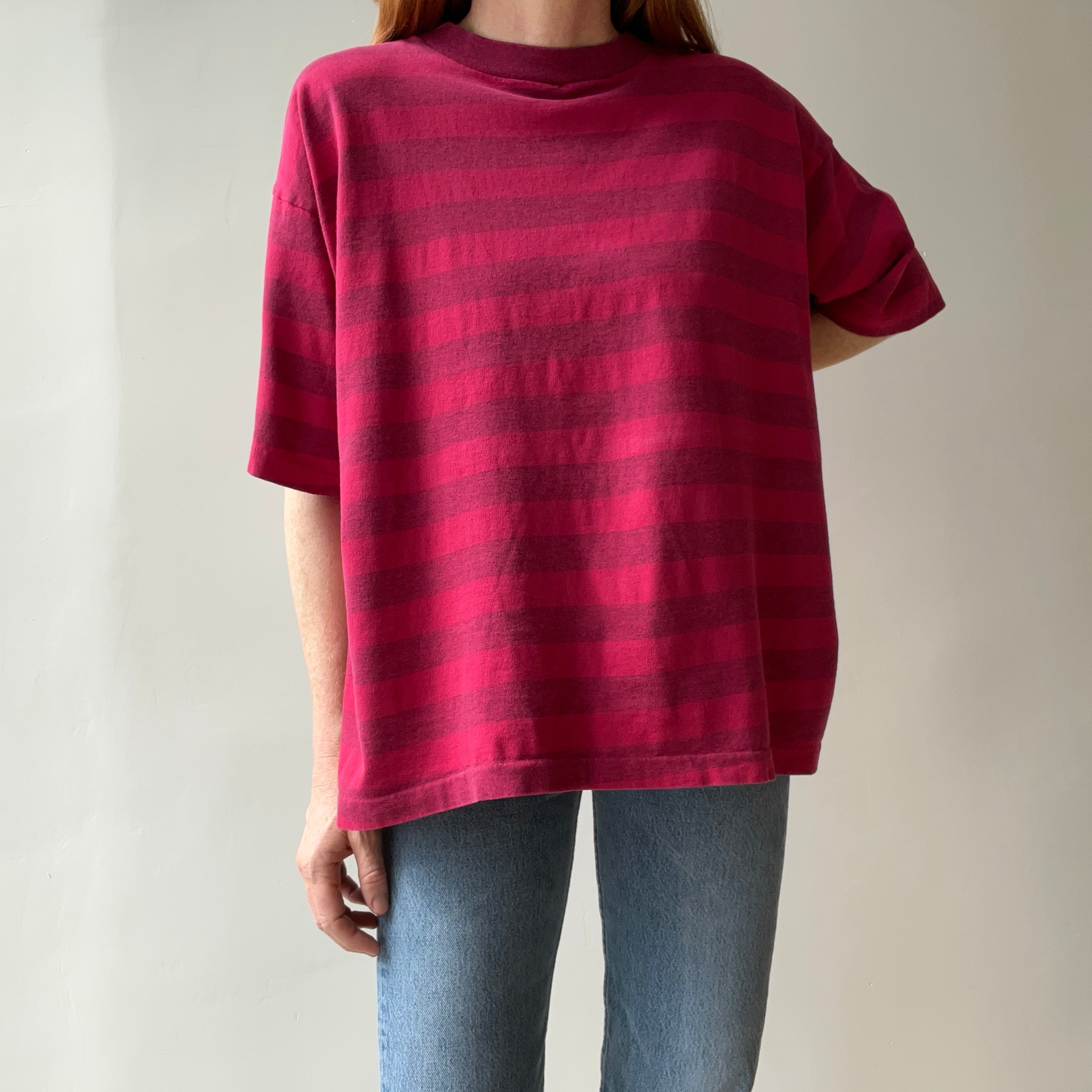 1980s Lovely Striped Cranberry Red/Pink Cotton T-Shirt - The Cut on This!