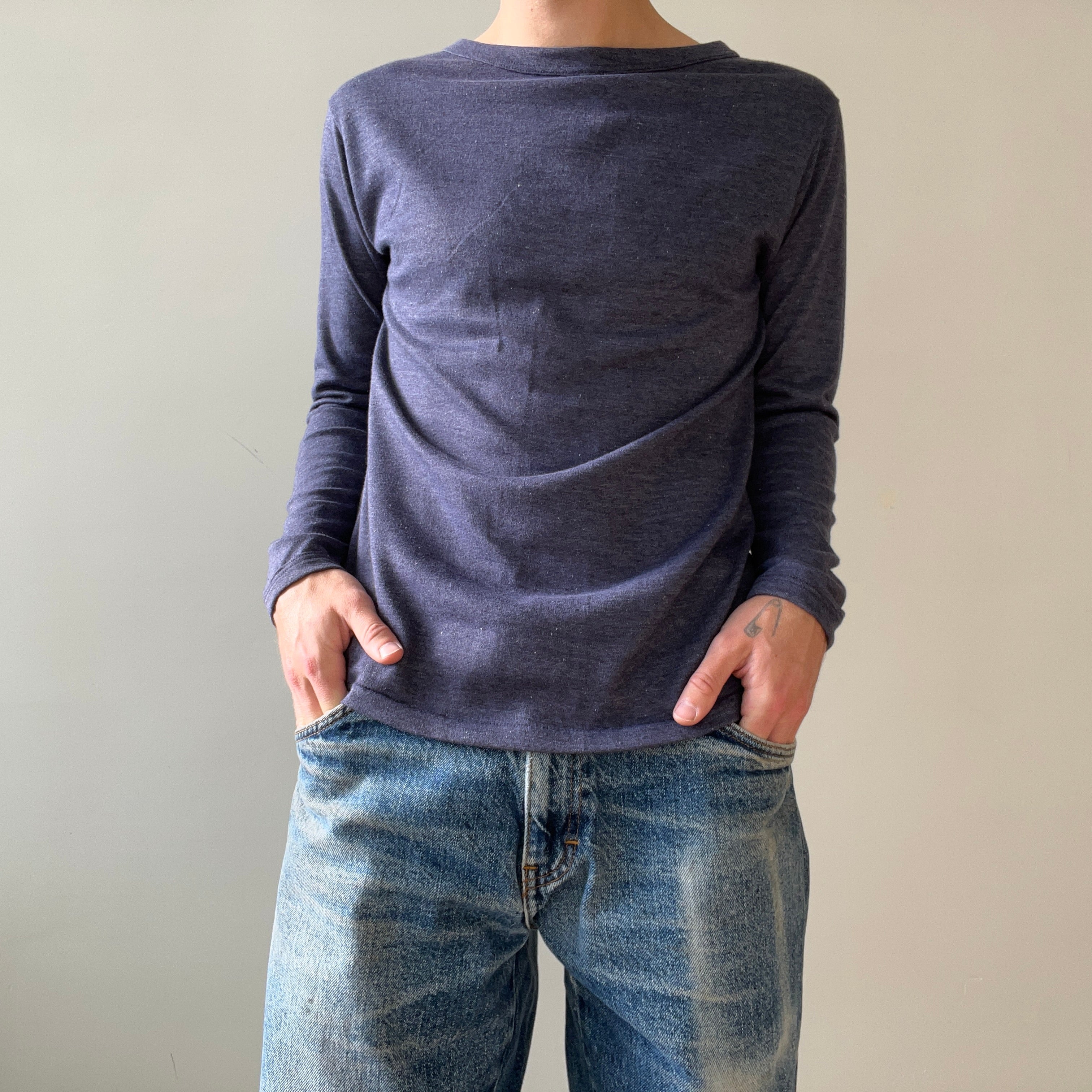 1980s Blank Heather Navy Blue Long Sleeve T Shirt - !!!!!