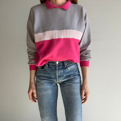 1980s Pink and Gray Color Block Polo Sweatshirt