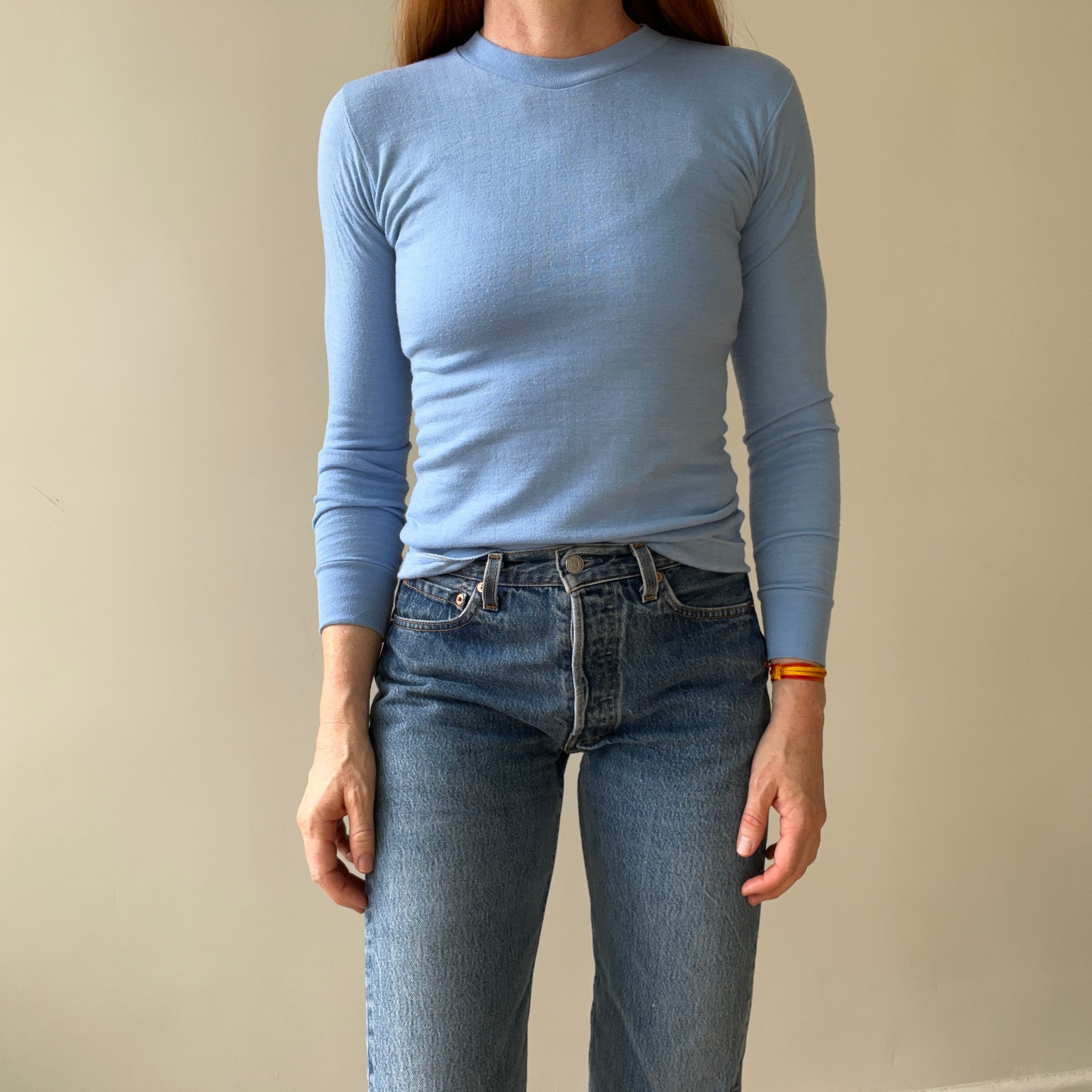 1970s Baby Blue Thermal Style Long Sleeve T Shirt
