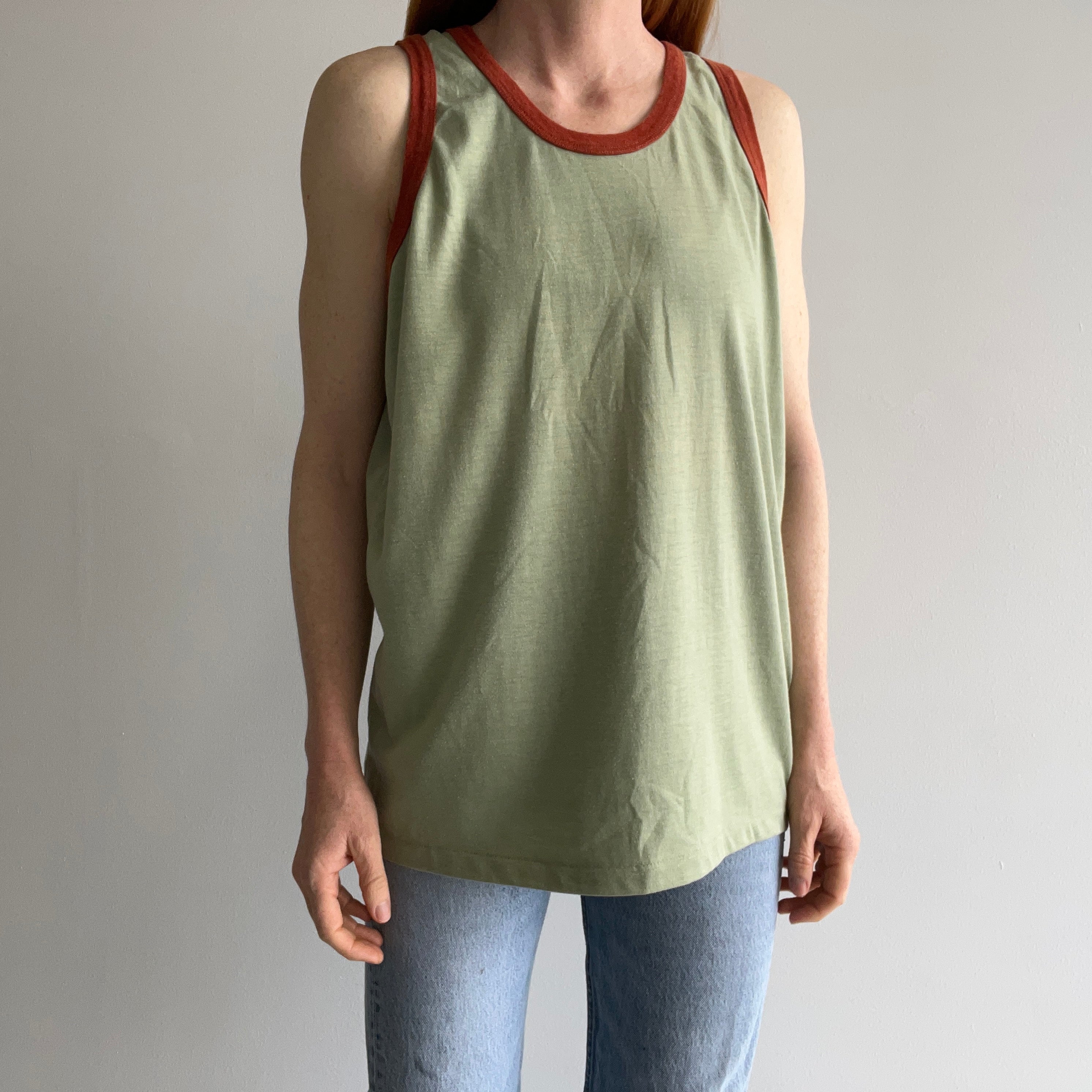 1970s Faded Jade with Rust Trim Tank Top !!!