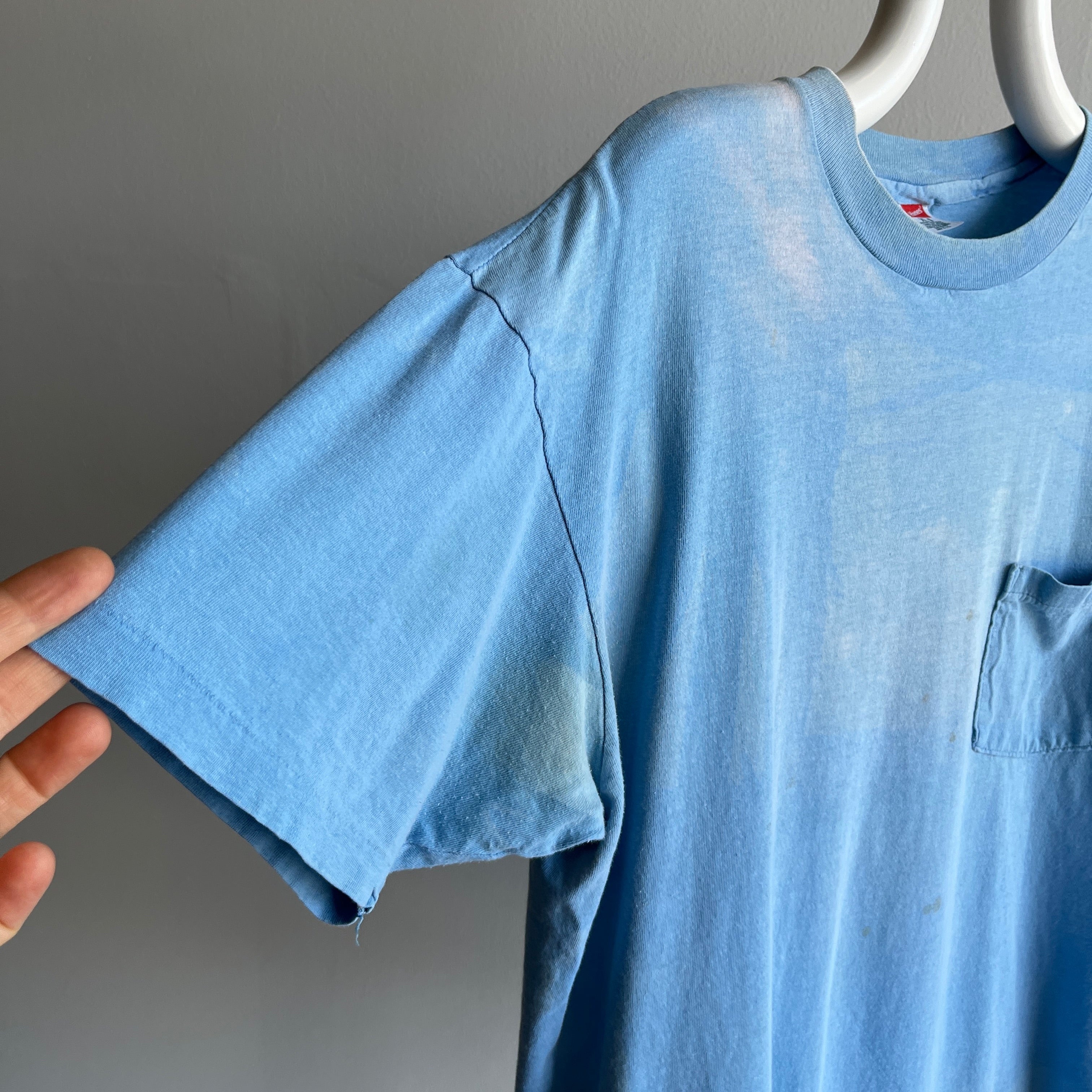 1980/90s Super Stained and Faded Baby Blue Pocket T-Shirt