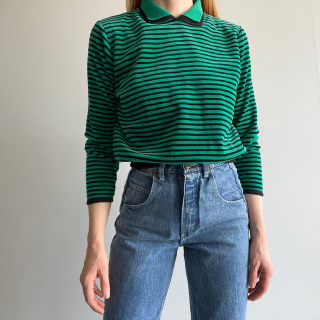 1980s Delightful Velour Striped Sweatshirt/Blouse/Top with a Built in Collar - OMG!