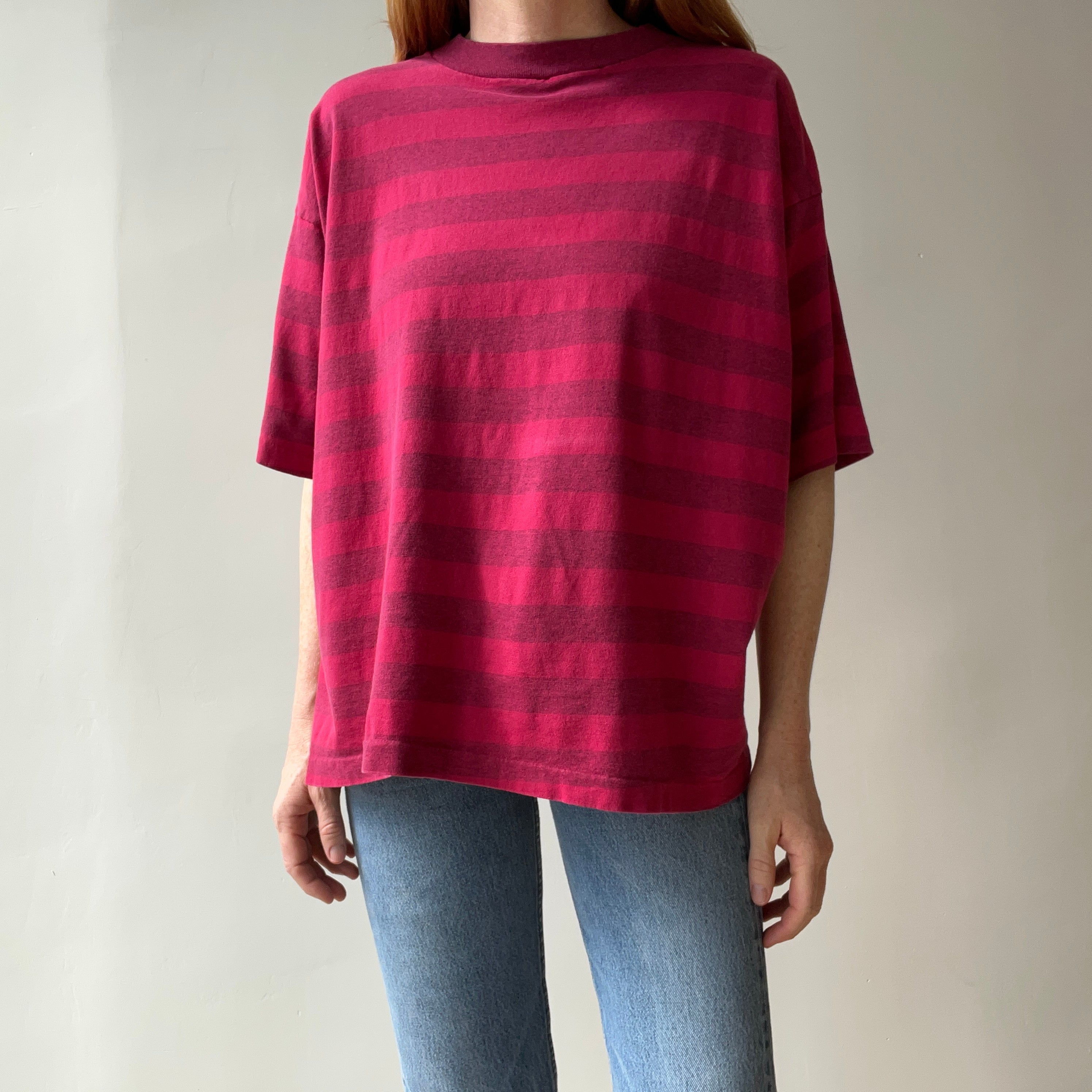 1980s Lovely Striped Cranberry Red/Pink Cotton T-Shirt - The Cut on This!