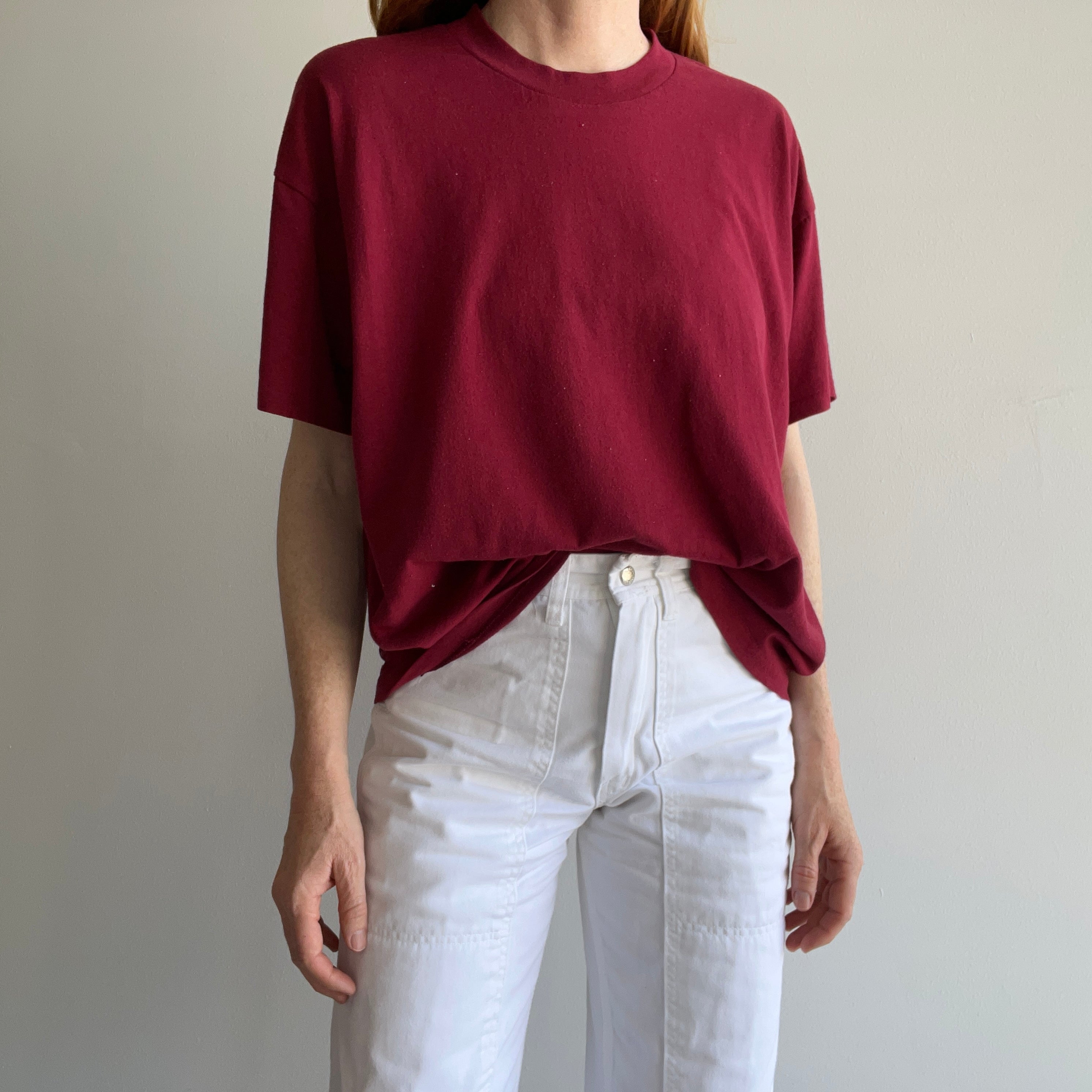 1990s Soft and Wonderfully Slouchy Merlot/Burgundy Blank Single Stitch T-Shirt