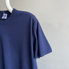1980s Blank Navy Like New Russell Rolled Neck T-Shirt
