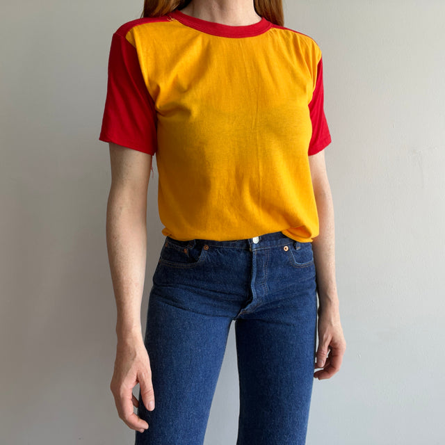 1980s Two Tone Red and Marigold Yellow Color Block T-Shirt