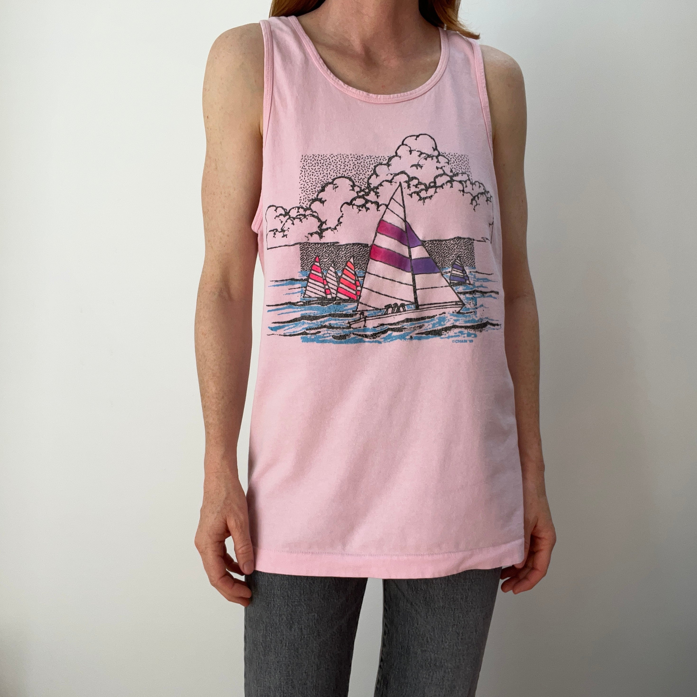 1989 Faded Pink Sailboat Tank Top with Rust Stains on the Back