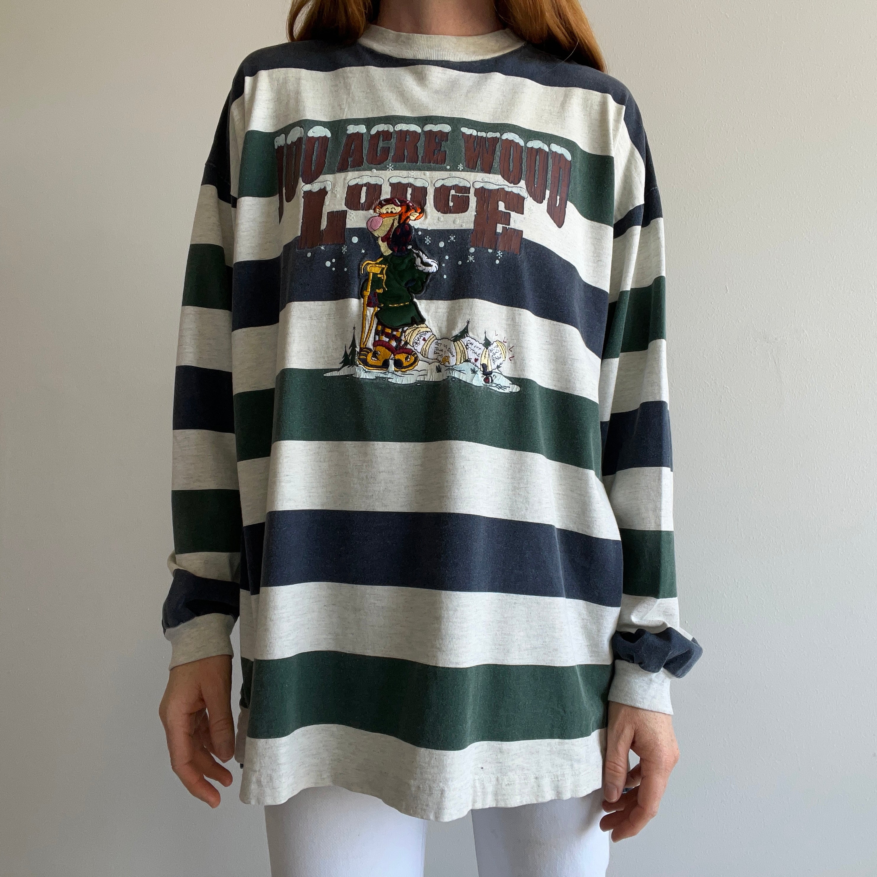 1990s 100 Acre Wood Lodge Tigger Striped Long Sleeve Cotton T-Shirt