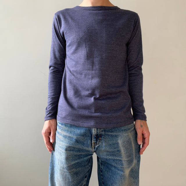 1980s Blank Heather Navy Blue Long Sleeve T Shirt - !!!!!