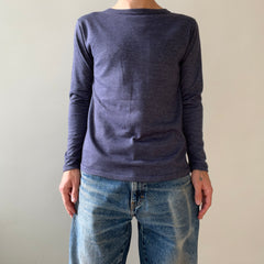 1980s Blank Heather Navy Blue Long Sleeve T Shirt - !!!!!