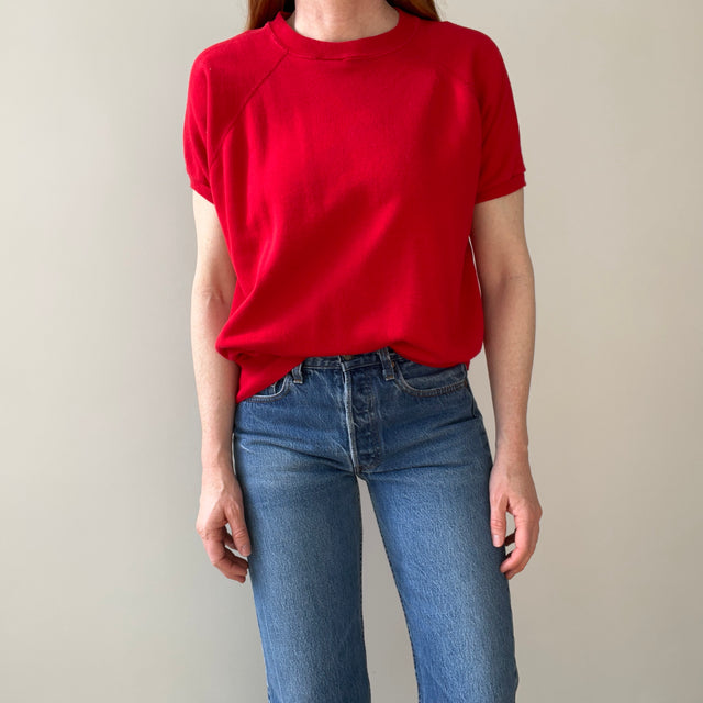 1980s Blank Lipstick Red Short Sleeve Warm Up Sweatshirt