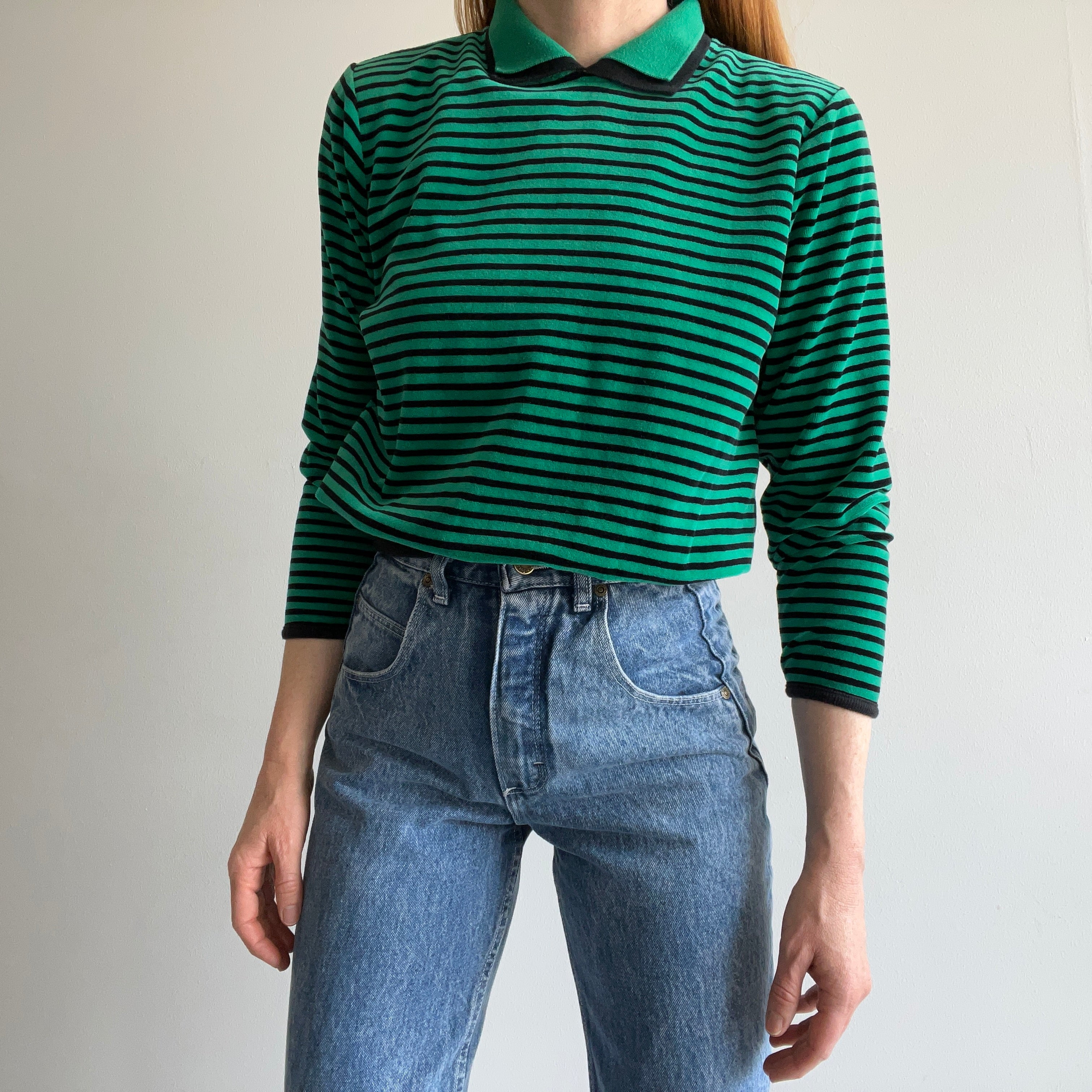 1980s Delightful Velour Striped Sweatshirt/Blouse/Top with a Built in Collar - OMG!