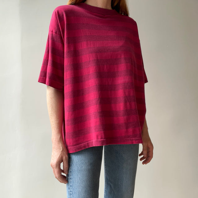 1980s Lovely Striped Cranberry Red/Pink Cotton T-Shirt - The Cut on This!