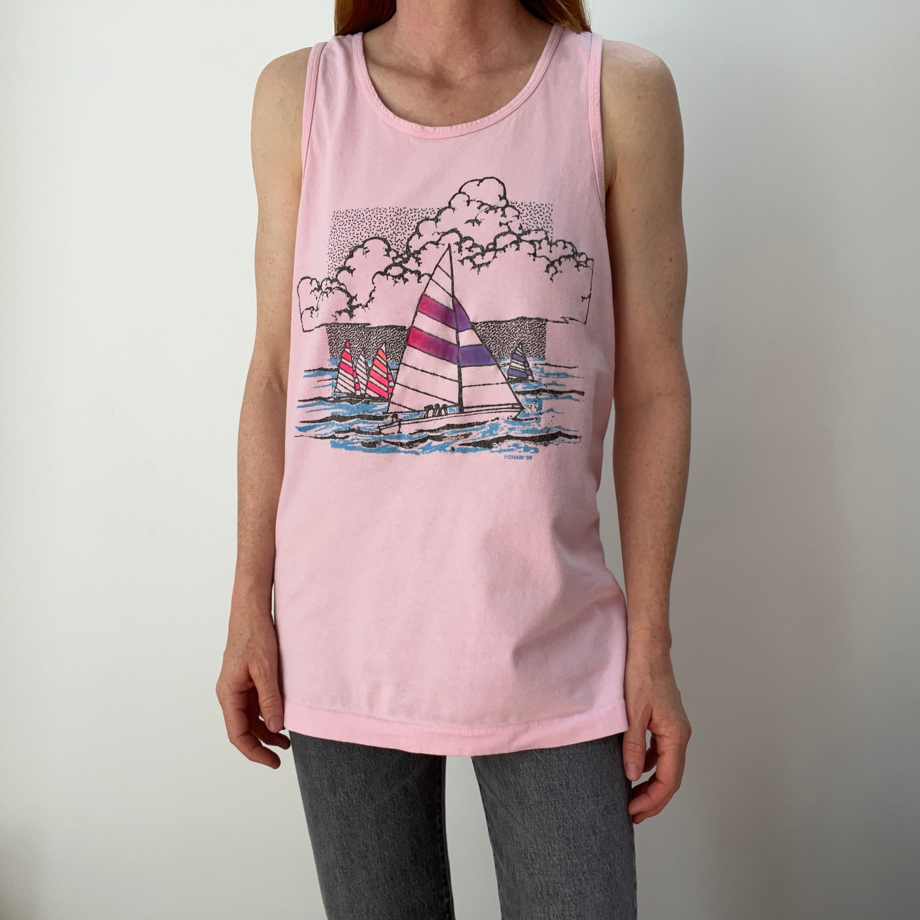 1989 Faded Pink Sailboat Tank Top with Rust Stains on the Back