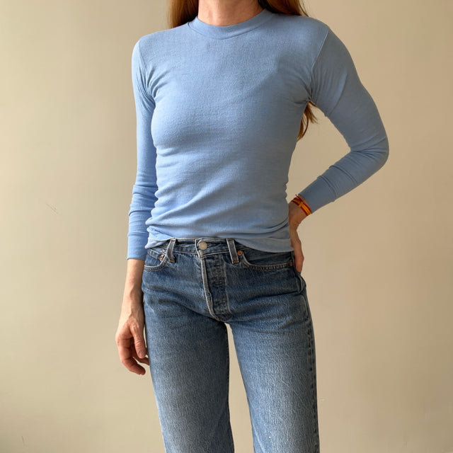 1970s Baby Blue Thermal Style Long Sleeve T Shirt