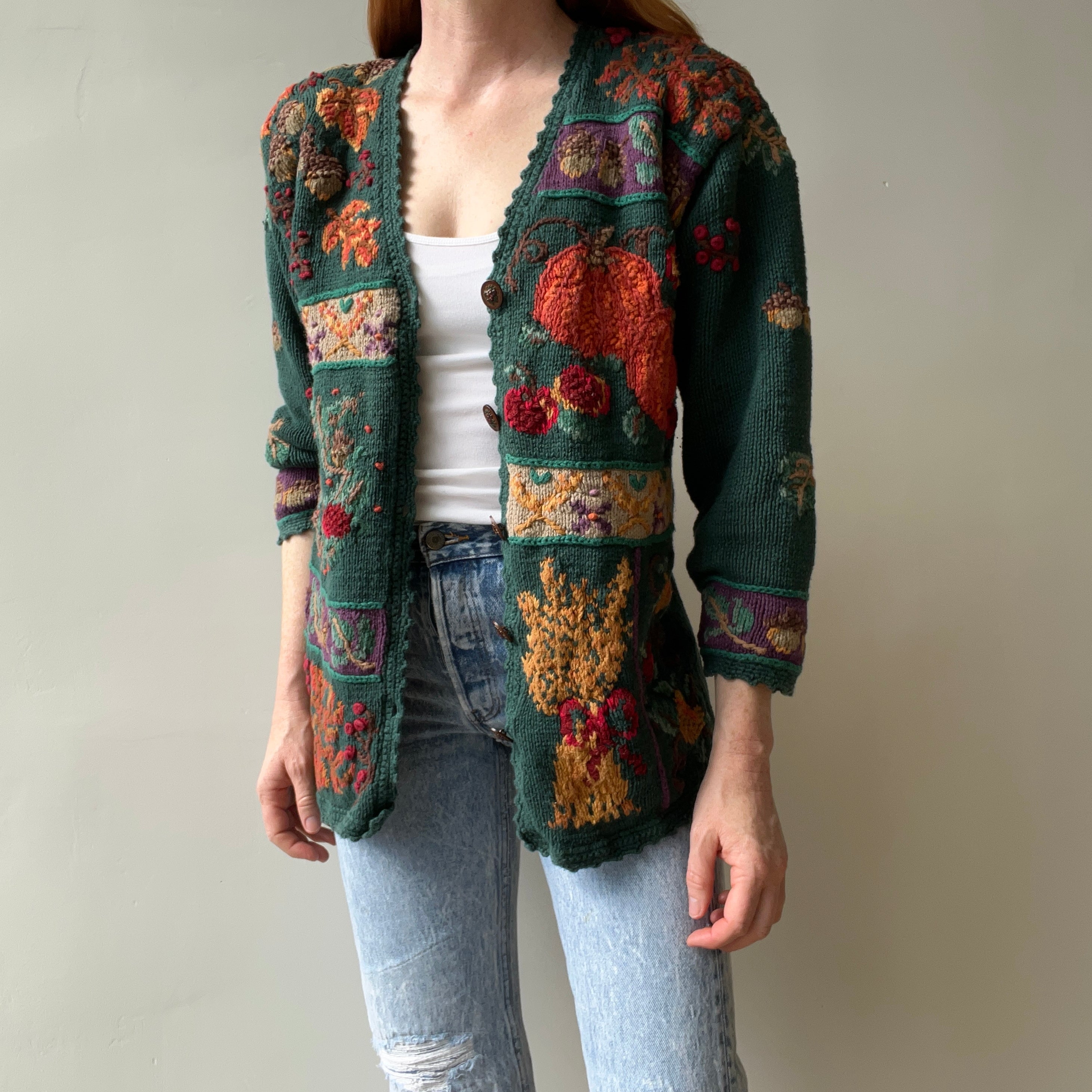 1980s Hand Knit Fall Cardigan Sweater with Amazing Buttons