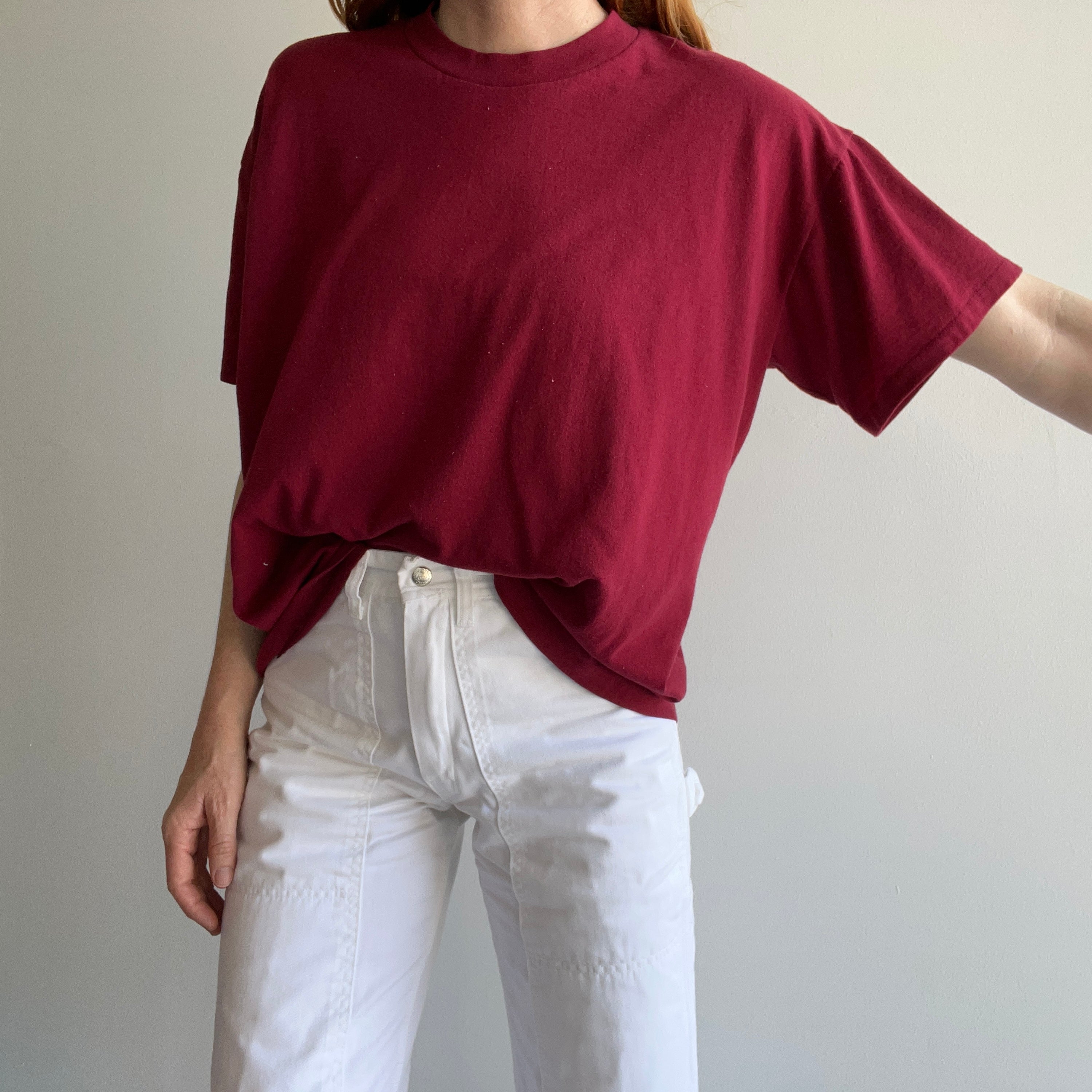 1990s Soft and Wonderfully Slouchy Merlot/Burgundy Blank Single Stitch T-Shirt