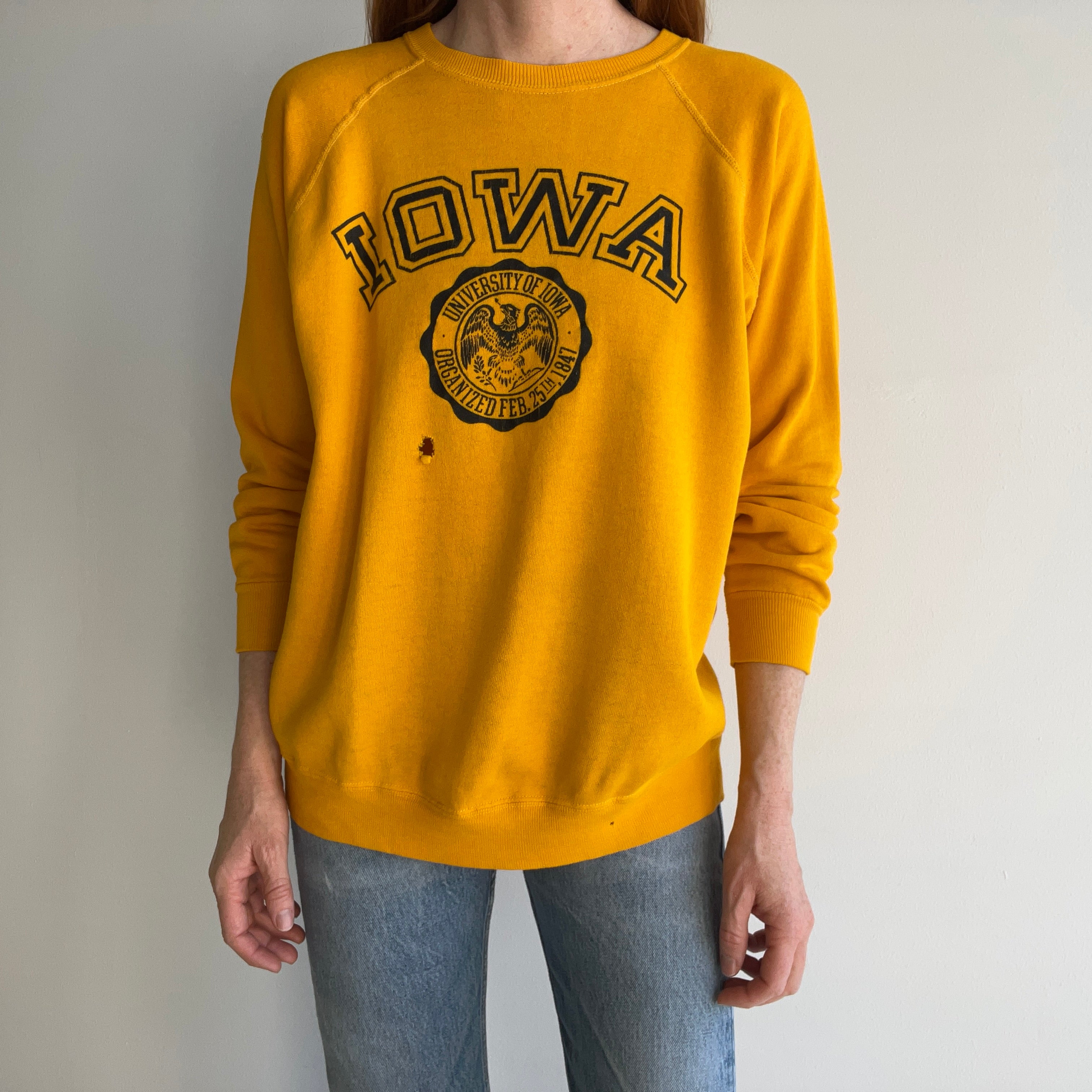 1970s Collegiate Pacific Iowa Beat Up and Thrashed Sweatshirt with Underarm Gussets and Holes