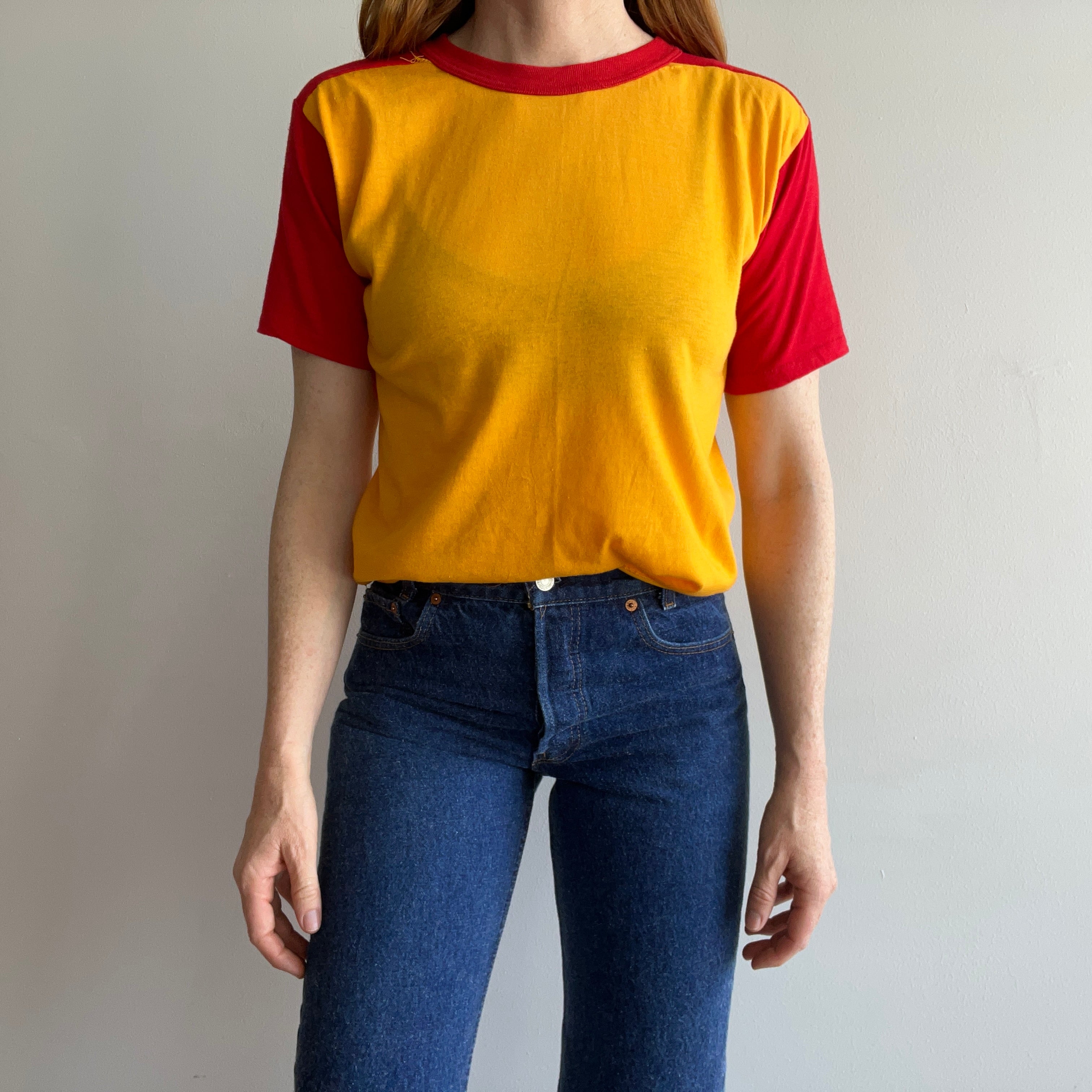 1980s Two Tone Red and Marigold Yellow Color Block T-Shirt