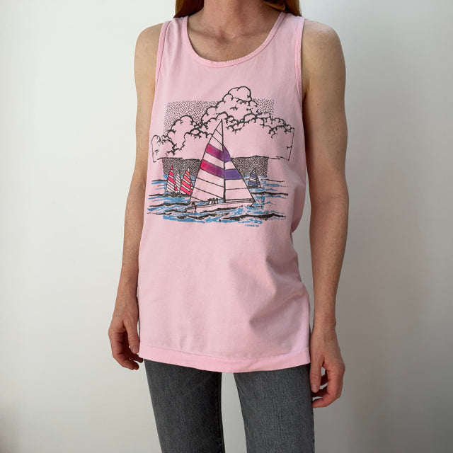 1989 Faded Pink Sailboat Tank Top with Rust Stains on the Back