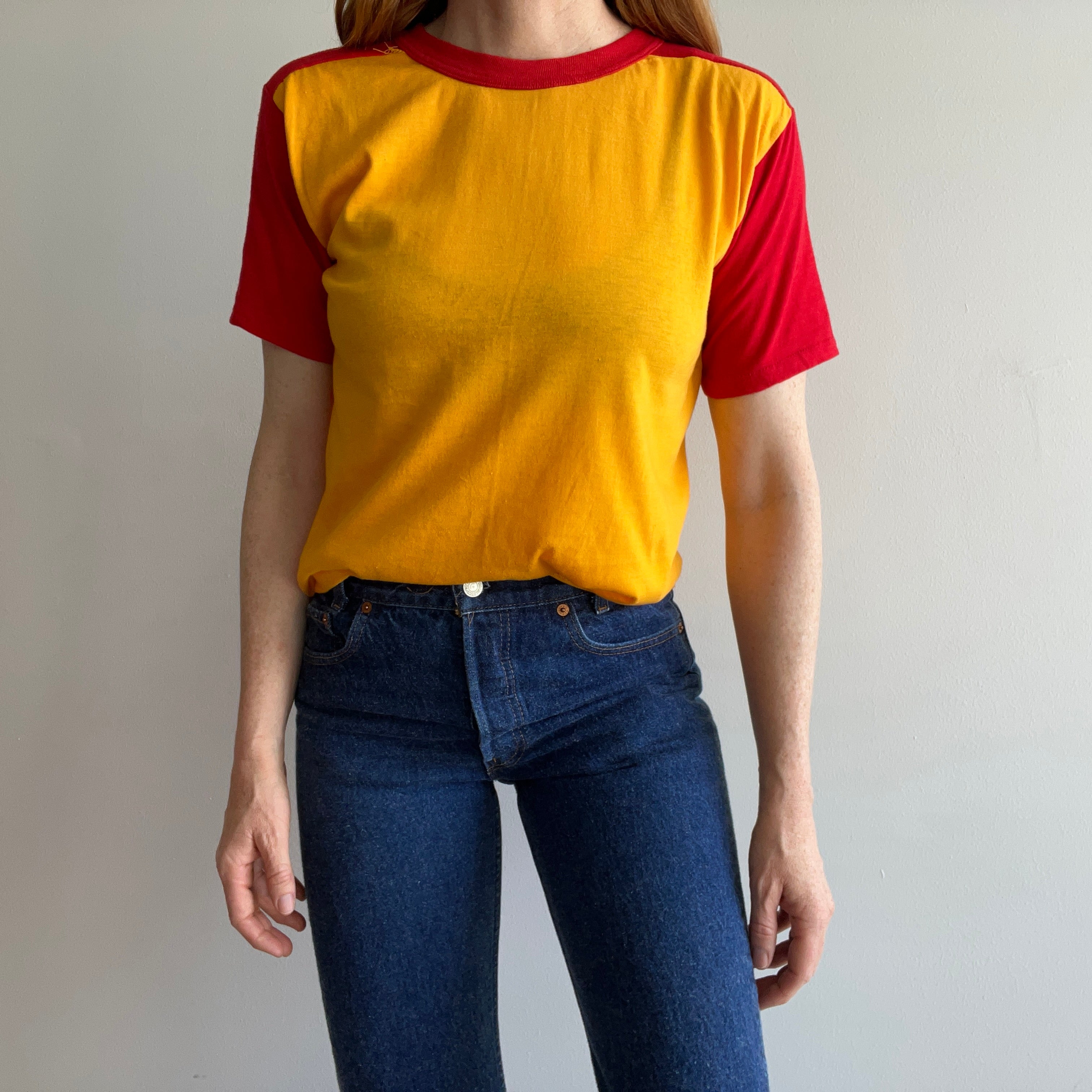 1980s Two Tone Red and Marigold Yellow Color Block T-Shirt