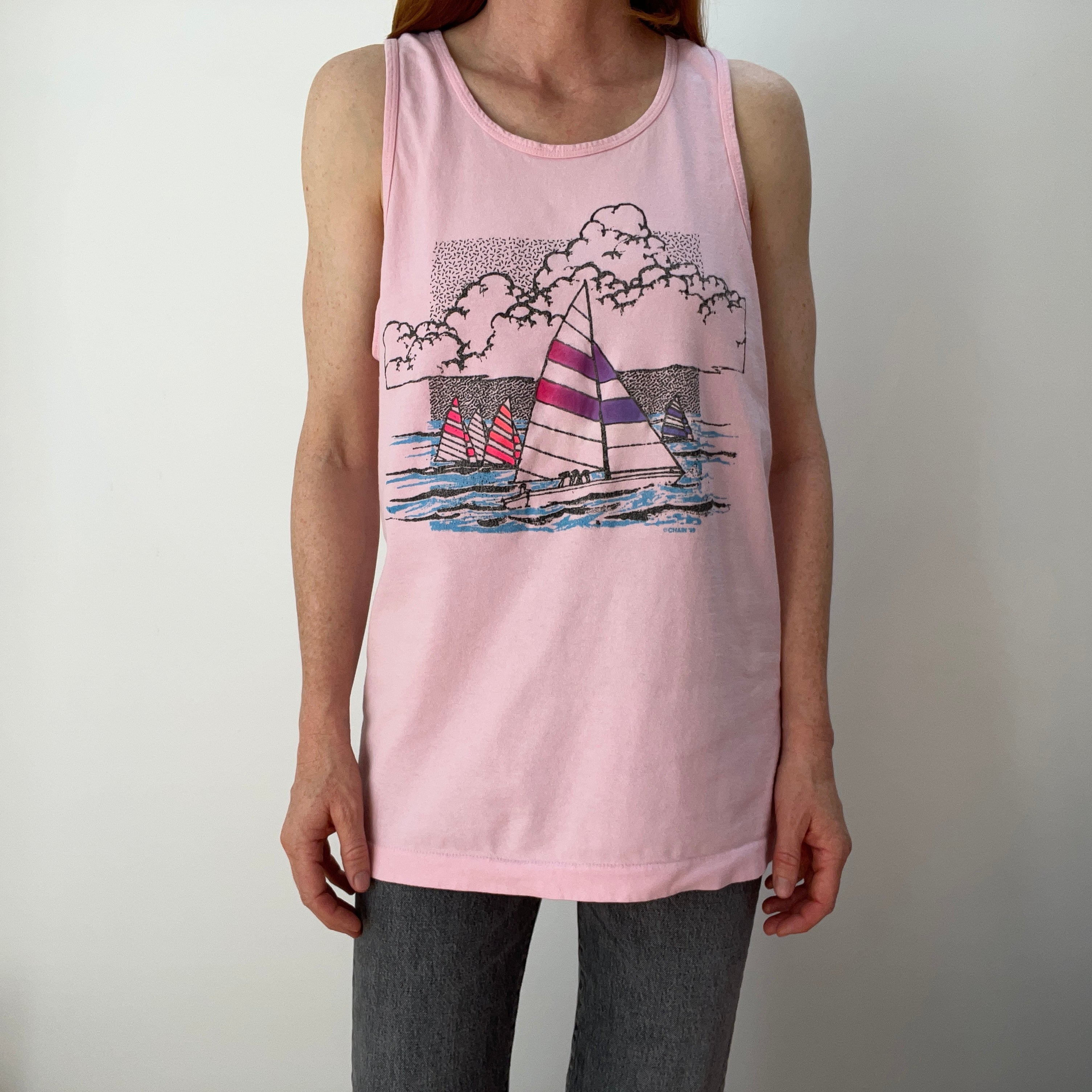 1989 Faded Pink Sailboat Tank Top with Rust Stains on the Back