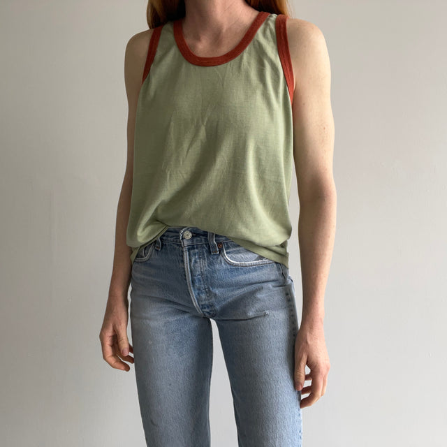 1970s Faded Jade with Rust Trim Tank Top !!!