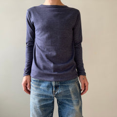 1980s Blank Heather Navy Blue Long Sleeve T Shirt - !!!!!