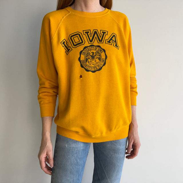 1970s Collegiate Pacific Iowa Beat Up and Thrashed Sweatshirt with Underarm Gussets and Holes