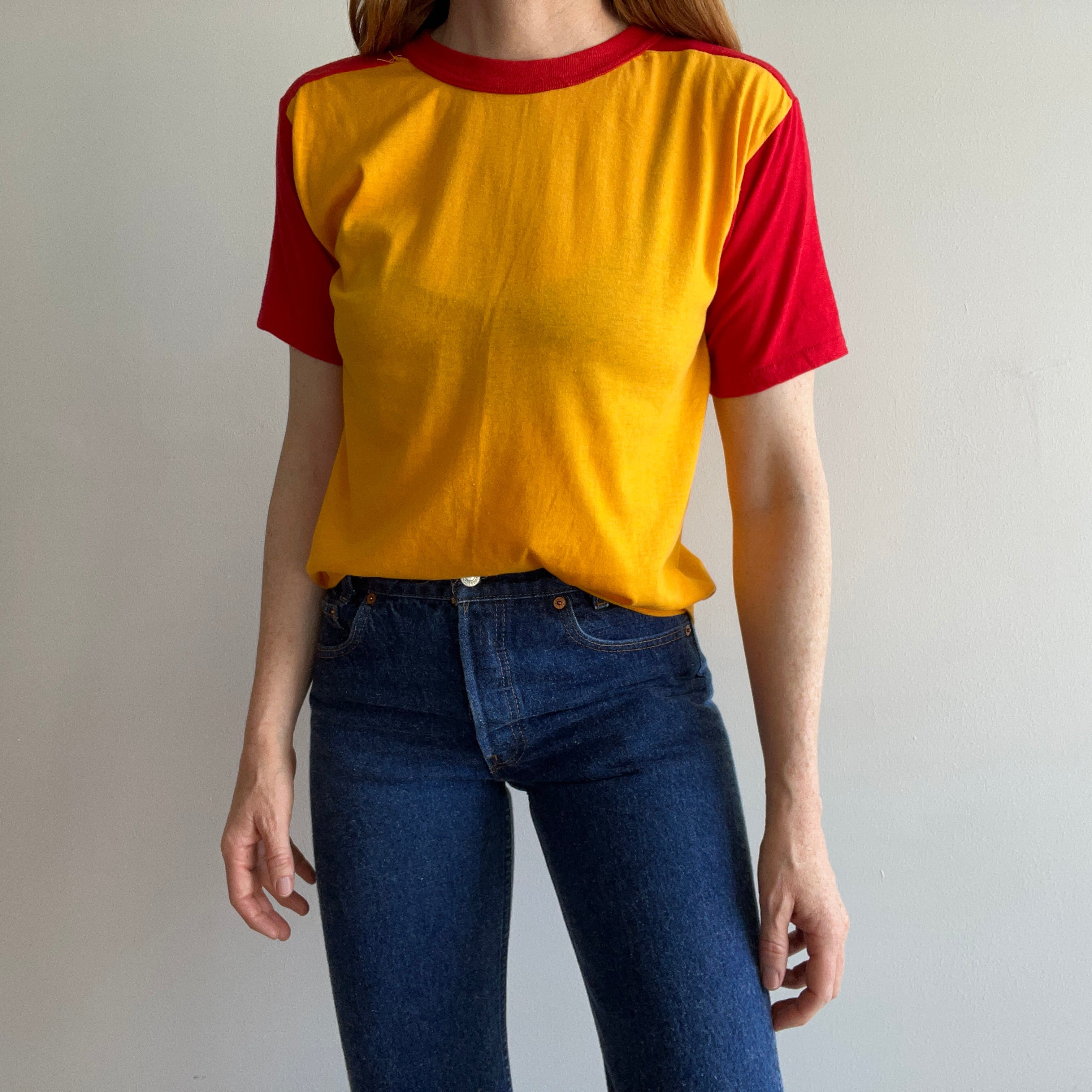 1980s Two Tone Red and Marigold Yellow Color Block T-Shirt
