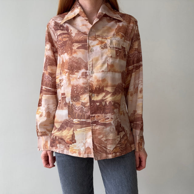 1970s Silky Poly Racer Early Americana Imagery Shirt - Made in California