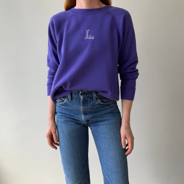 1980s "L" Needlepoint/Hand Embroidered Sweatshirt