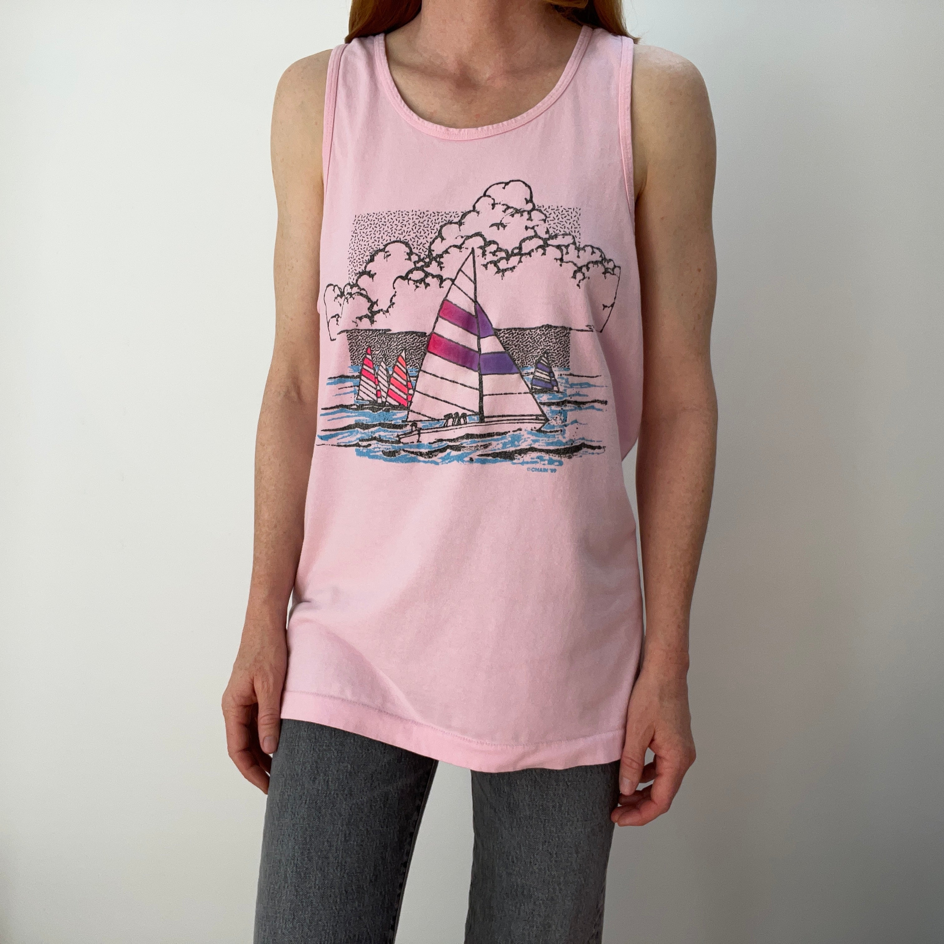 1989 Faded Pink Sailboat Tank Top with Rust Stains on the Back