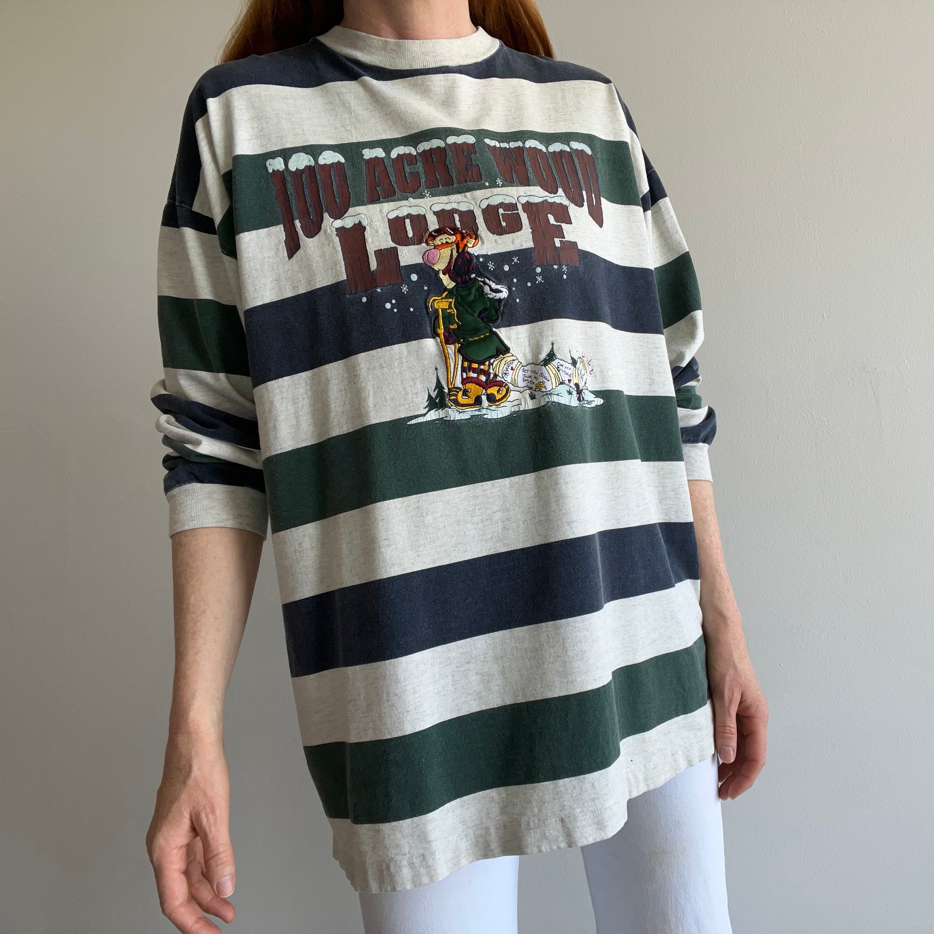 1990s 100 Acre Wood Lodge Tigger Striped Long Sleeve Cotton T-Shirt