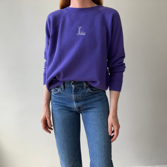 1980s "L" Needlepoint/Hand Embroidered Sweatshirt