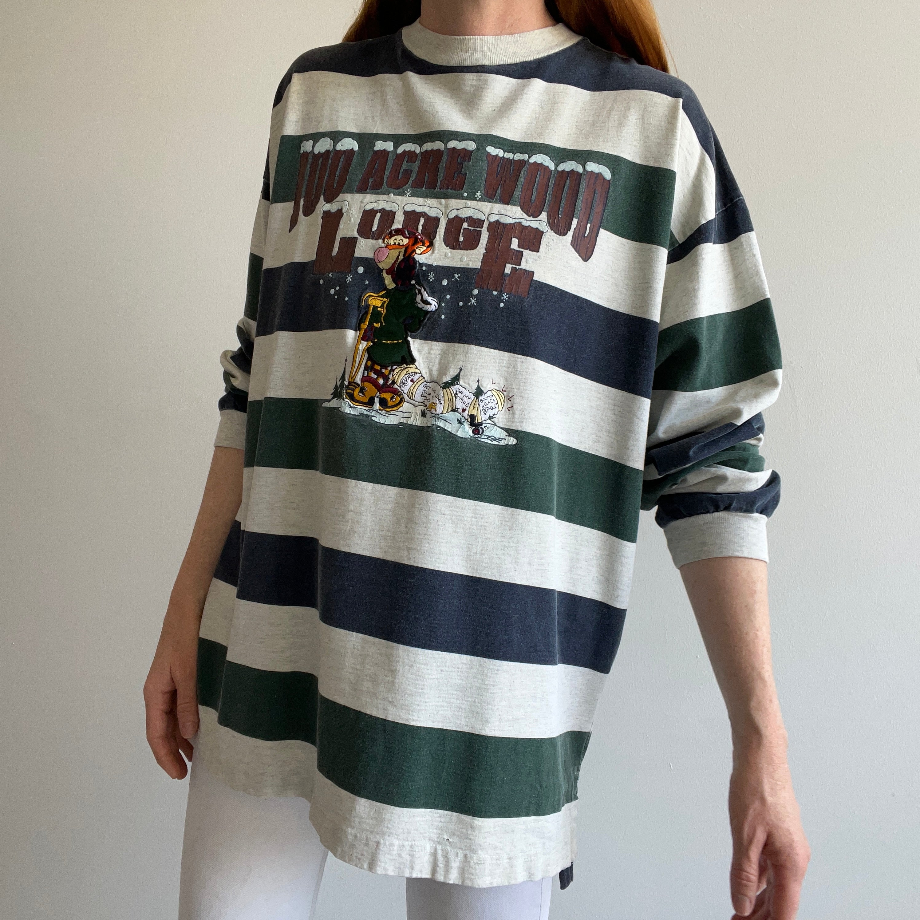 1990s 100 Acre Wood Lodge Tigger Striped Long Sleeve Cotton T-Shirt