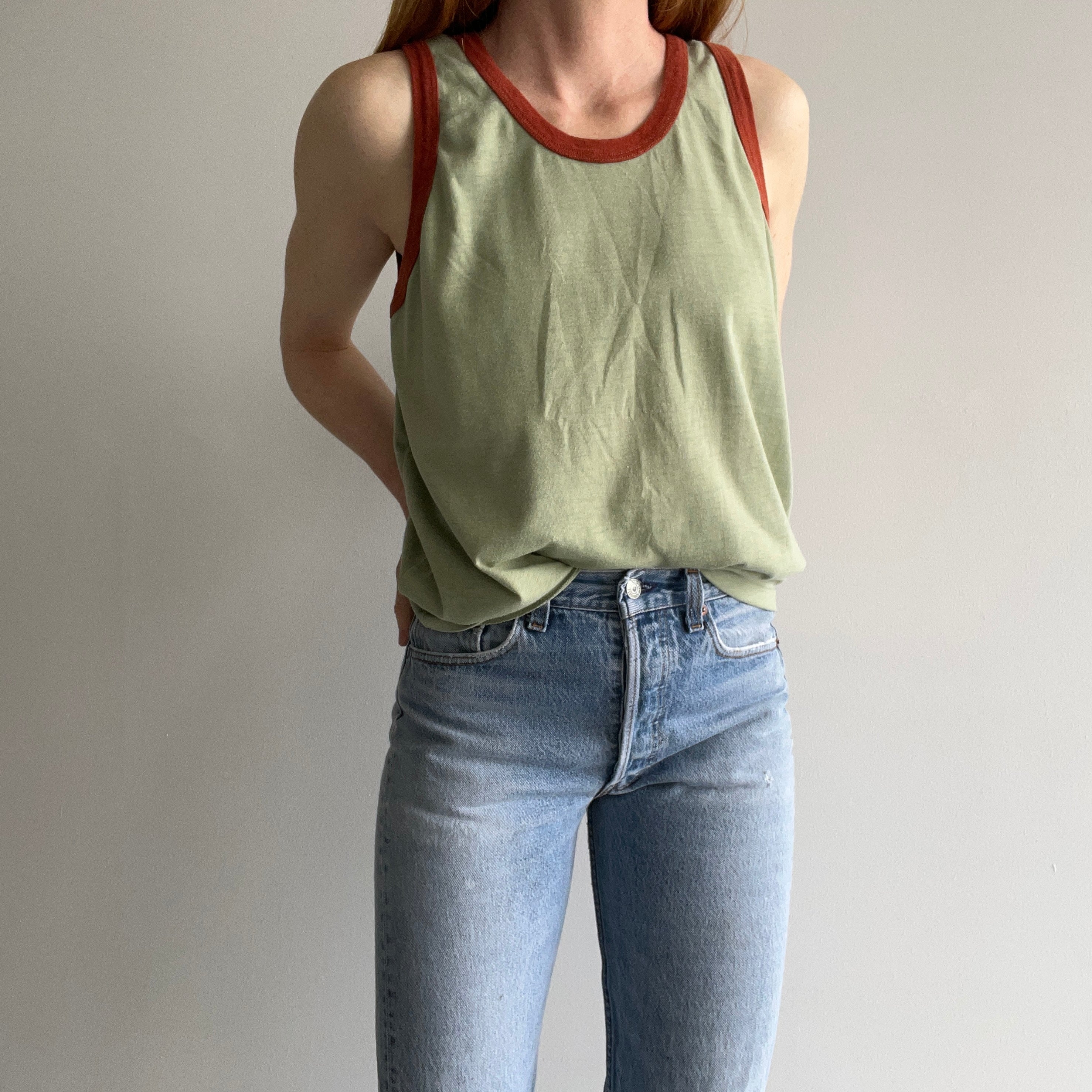 1970s Faded Jade with Rust Trim Tank Top !!!