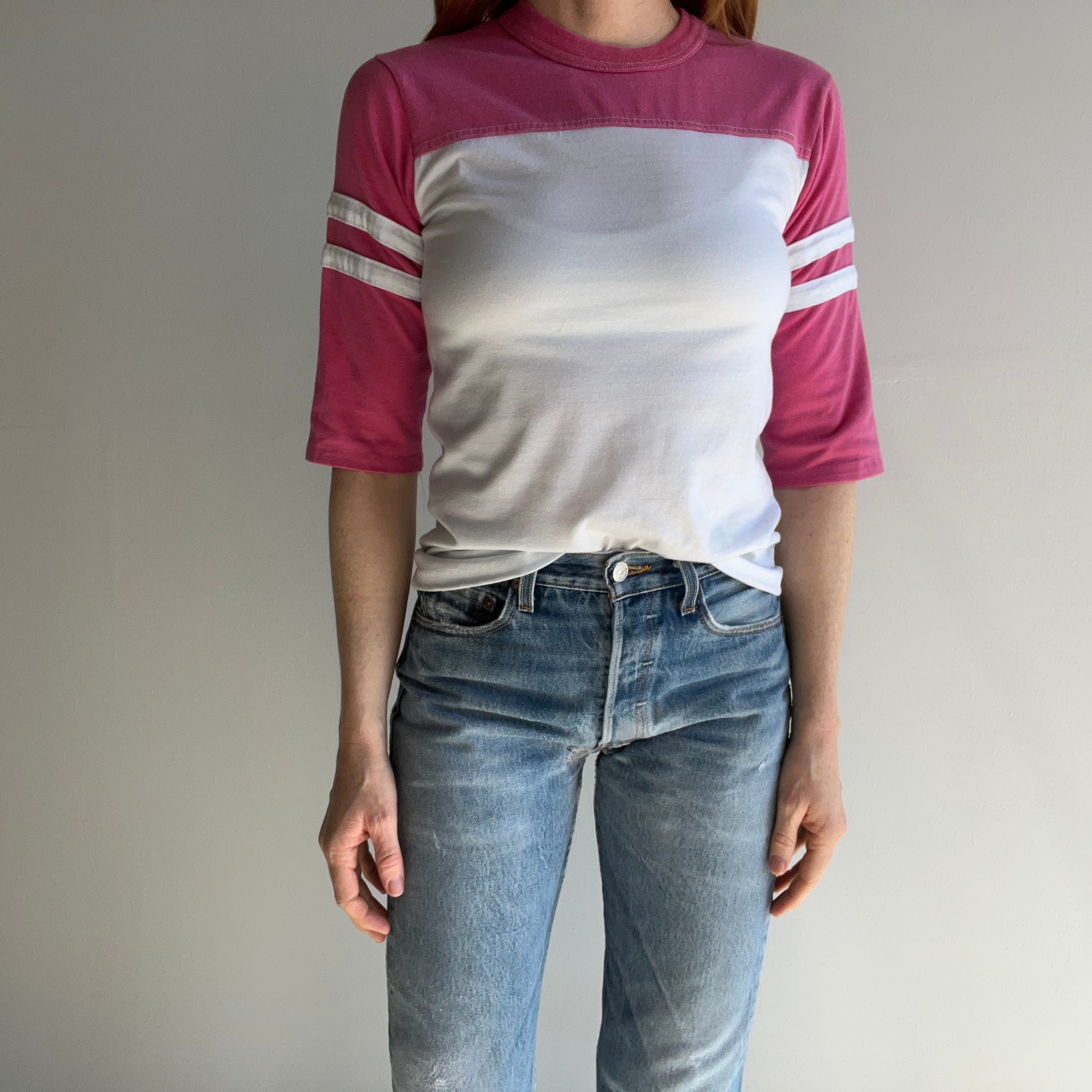 1980s Pink and White Football Style Fitted T-Shirt