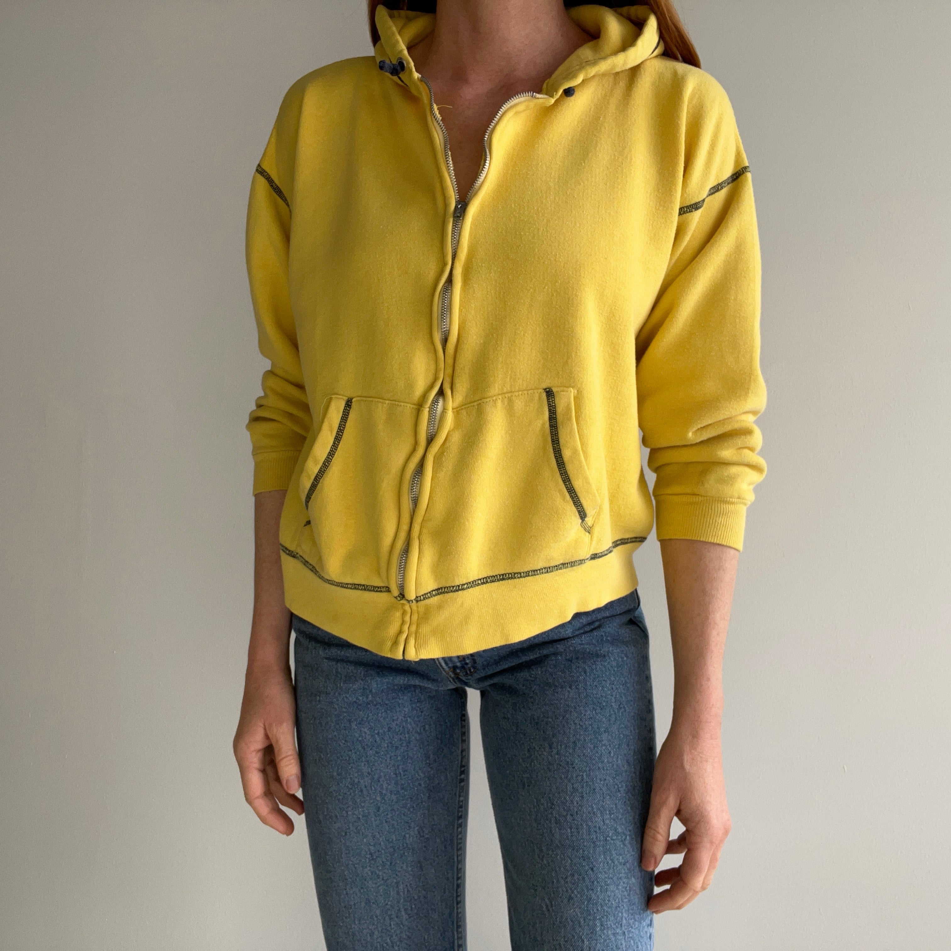 1970s Mostly Cotton Zip Up Hoodie with Navy Contrast Stitching