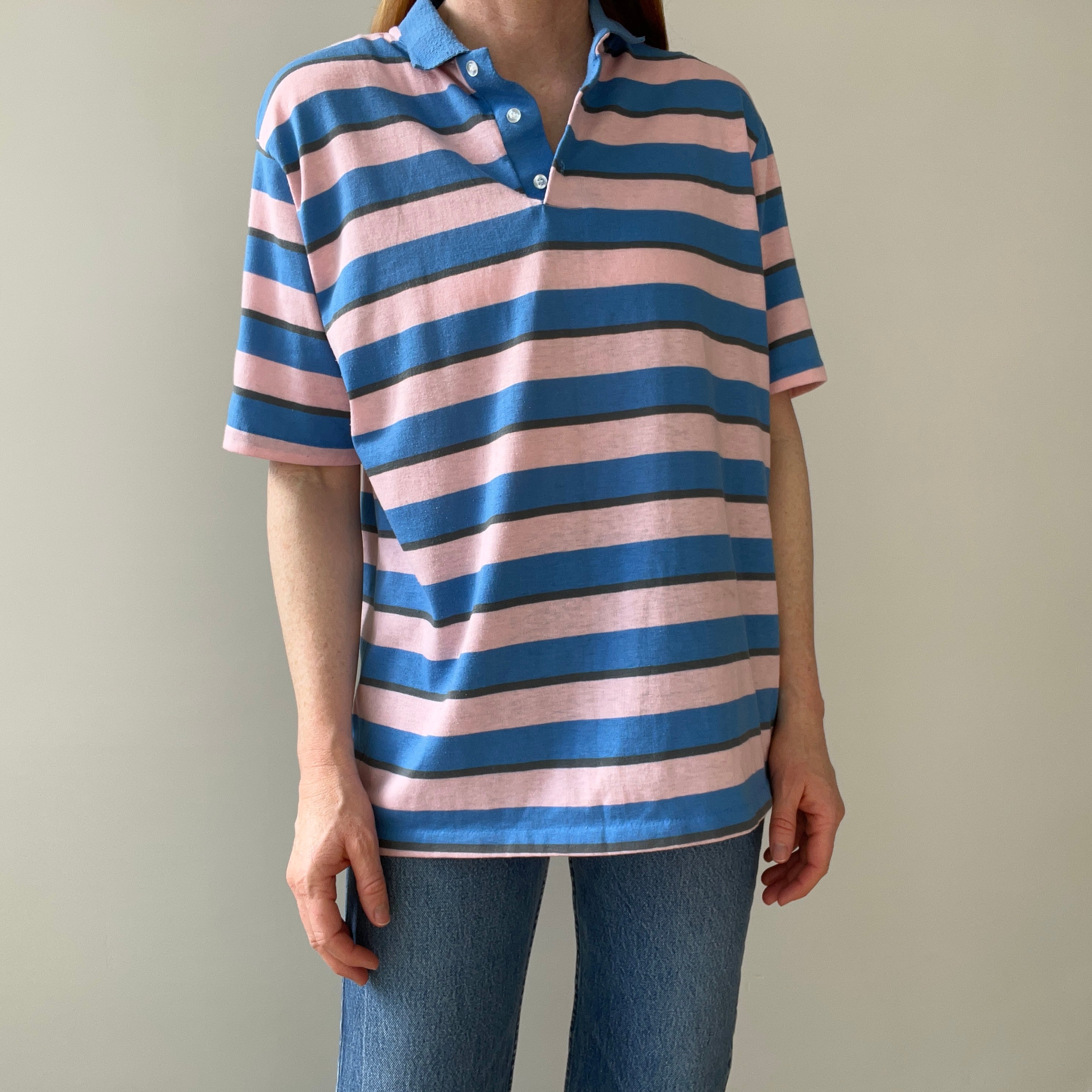 1980s Mervyn's Pink and Blue Striped Polo Shirt