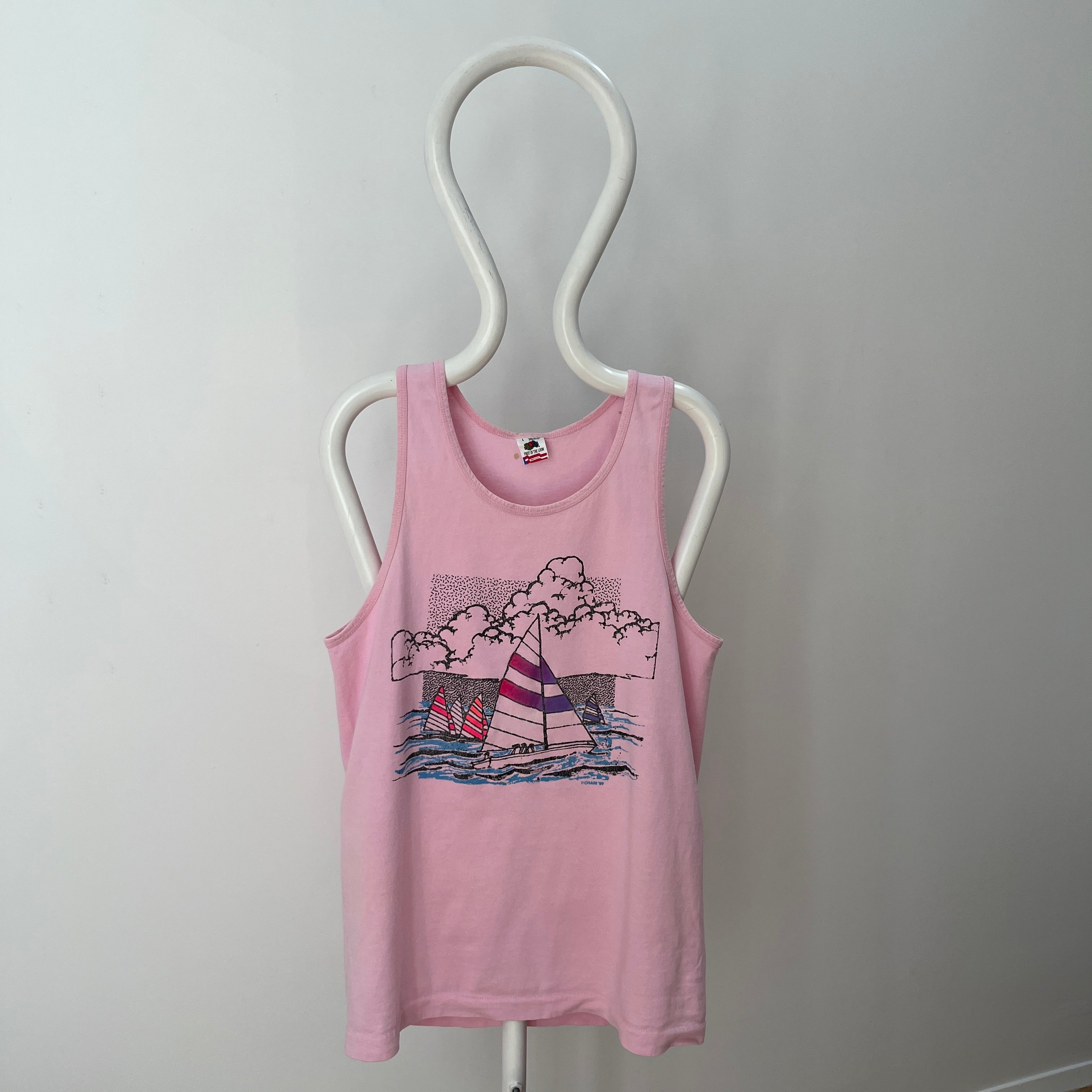 1989 Faded Pink Sailboat Tank Top with Rust Stains on the Back